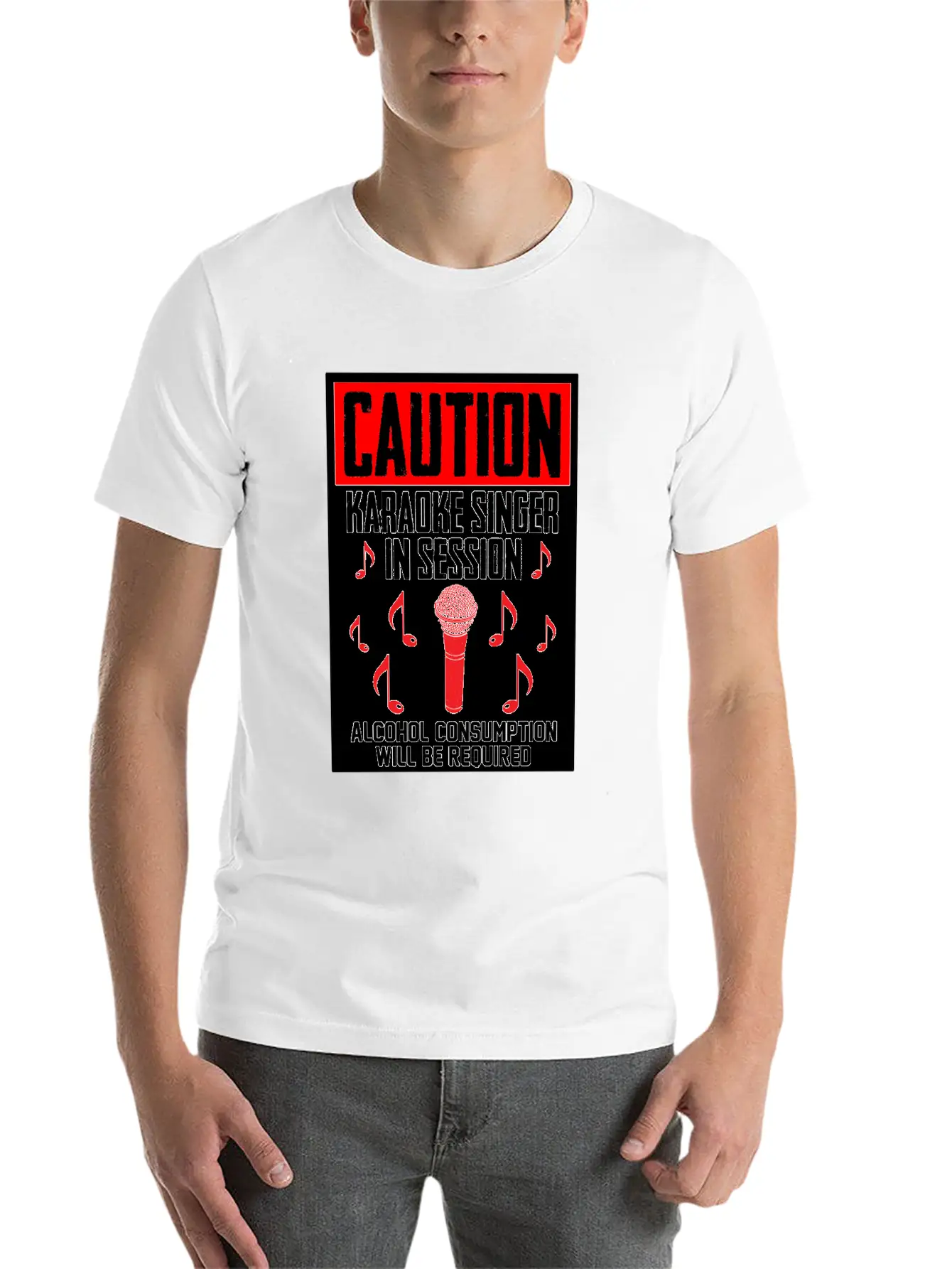 Caution Karaoke Singer In Session Microphone Music Stylish Everyday T-Shirt – Unisex Basic Cotton Tee