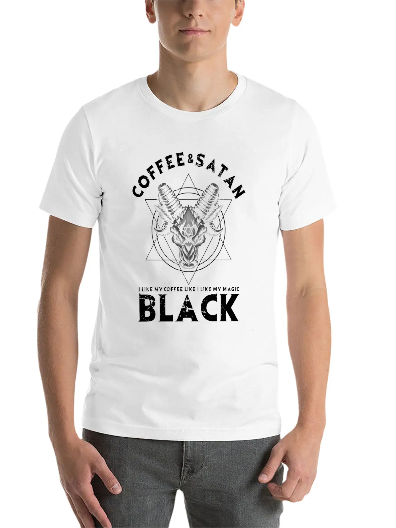 Coffee And Satan Occult Gothic Goth Baphomet Stylish Everyday T-Shirt – Unisex Basic Cotton Tee