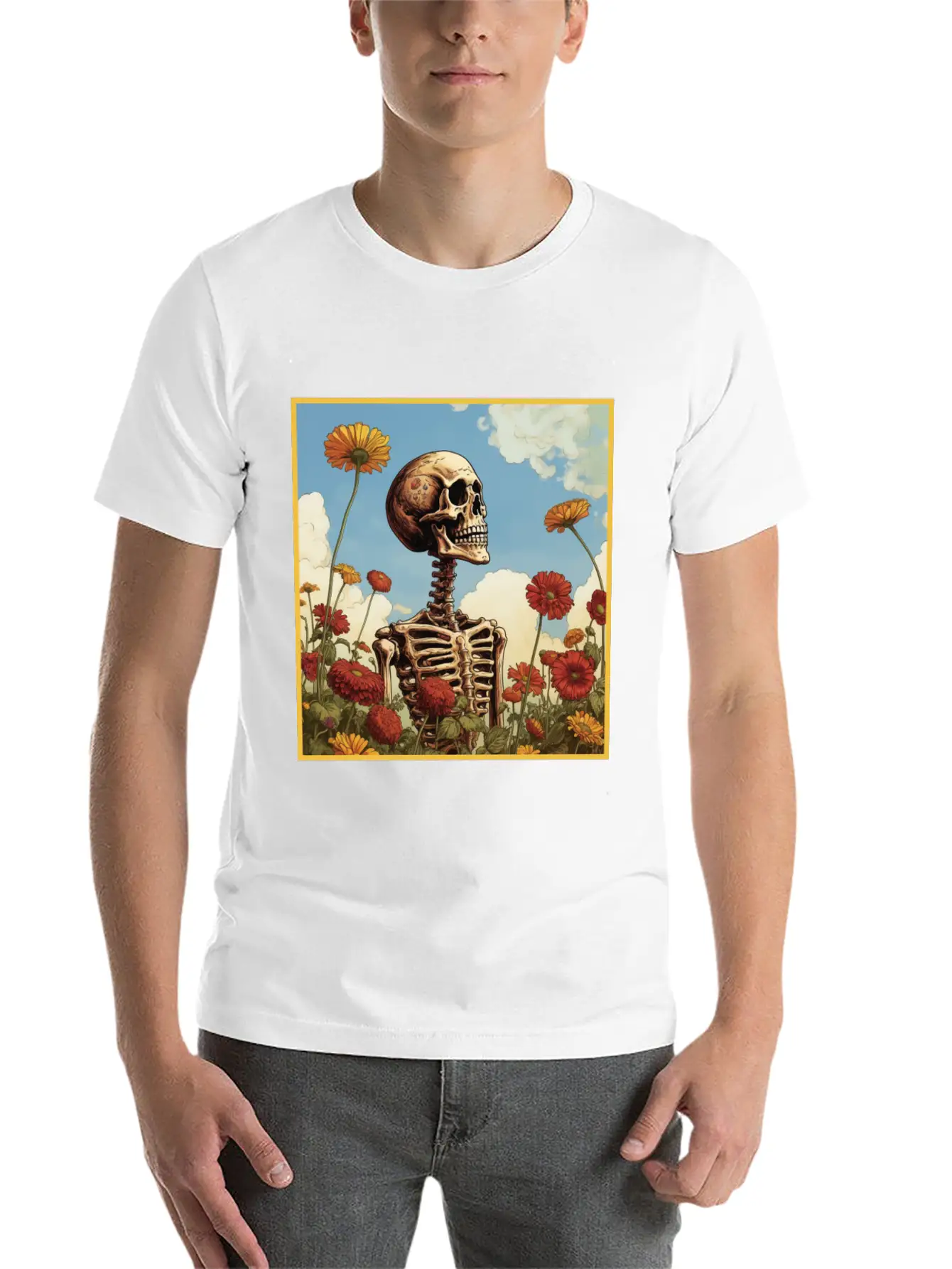 Creepy Skeleton Flower Cartoon Vintage Stylish Everyday T-Shirt – Unisex Basic Cotton Tee