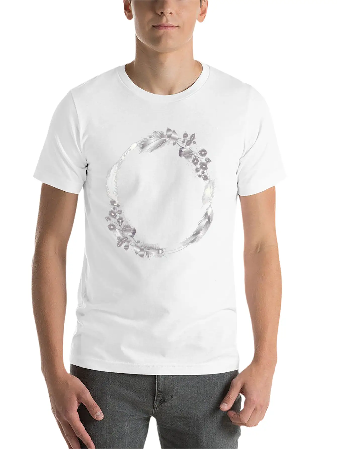 Delicate Frame Of Silver Colored Feathers & Leaves Basic Graphic T-Shirt – Daily Comfort In Soft Cotton