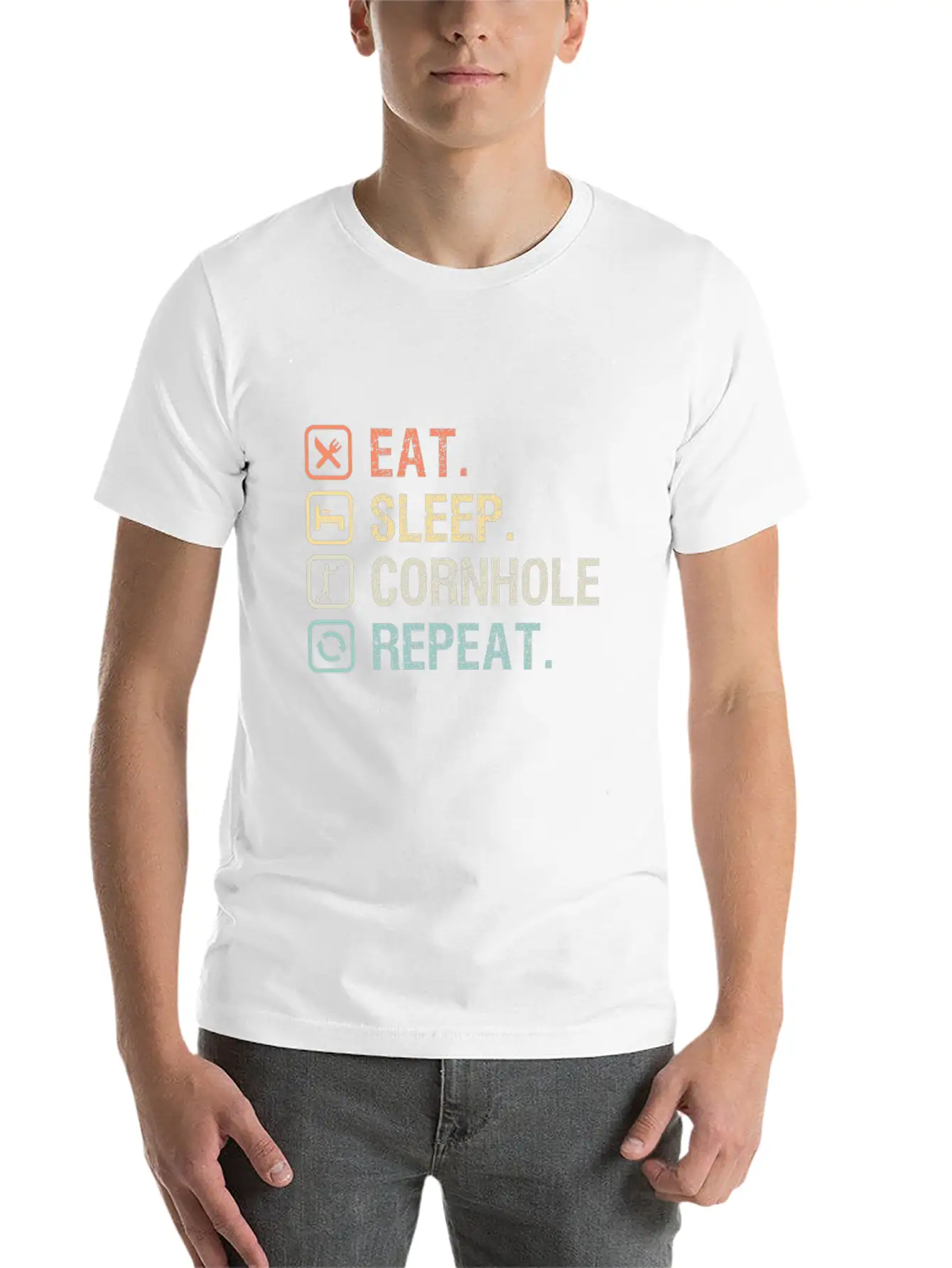 Eat Sleep Cornhole Repeat - Funny Gift Stylish Everyday T-Shirt – Unisex Basic Cotton Tee