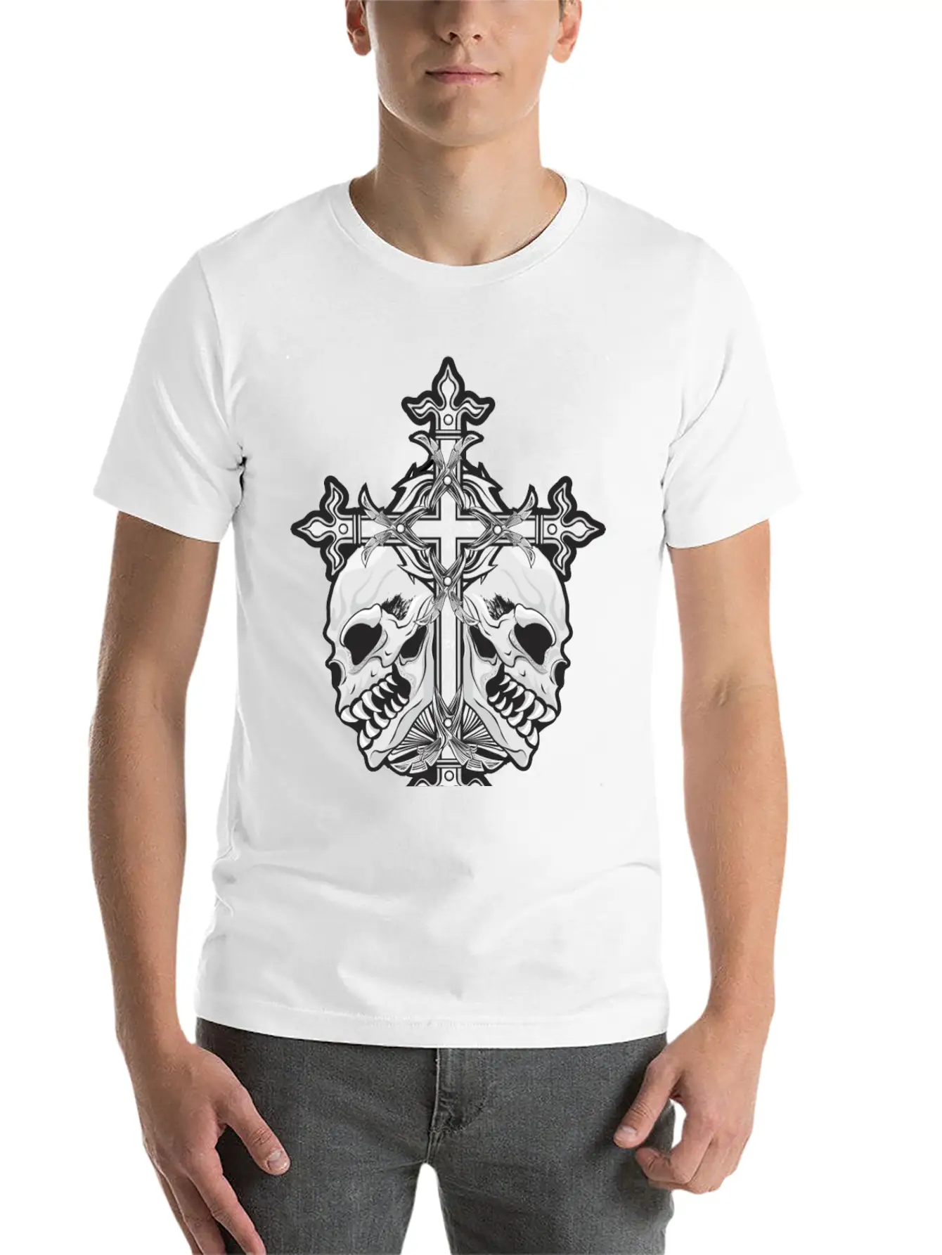 Gothic Cross With Skulls Simple Everyday Graphic Tee – Lightweight Summer Wear