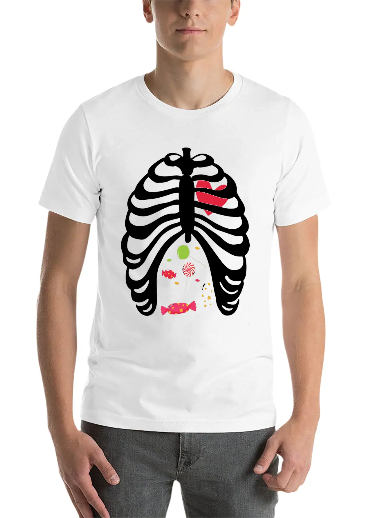 Halloween Candy Skeleton Rib Cage Stylish Everyday T-Shirt – Unisex Basic Cotton Tee