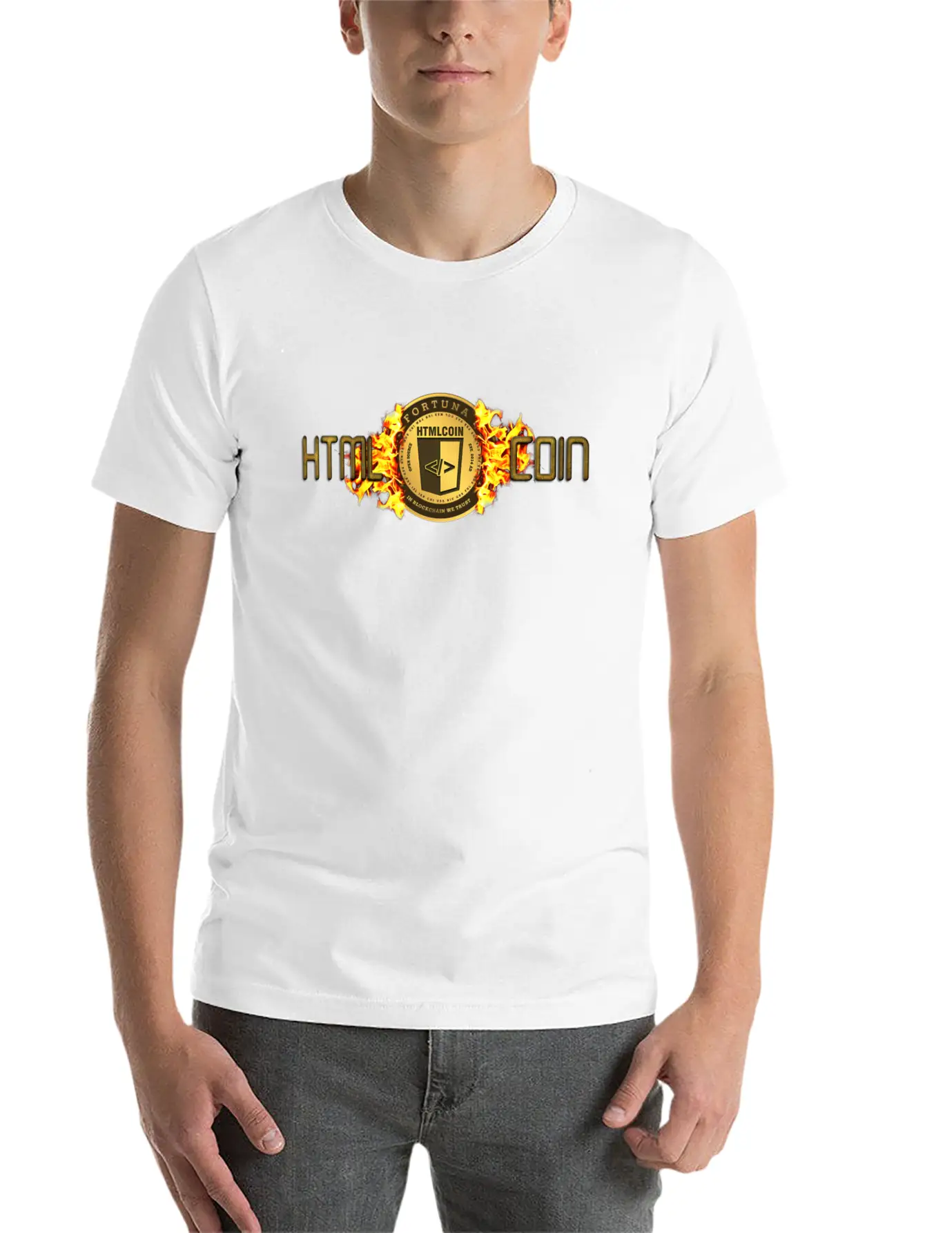 HTMLcoin Crypto Currency Fiery Flames. Stylish Everyday T-Shirt – Unisex Basic Cotton Tee