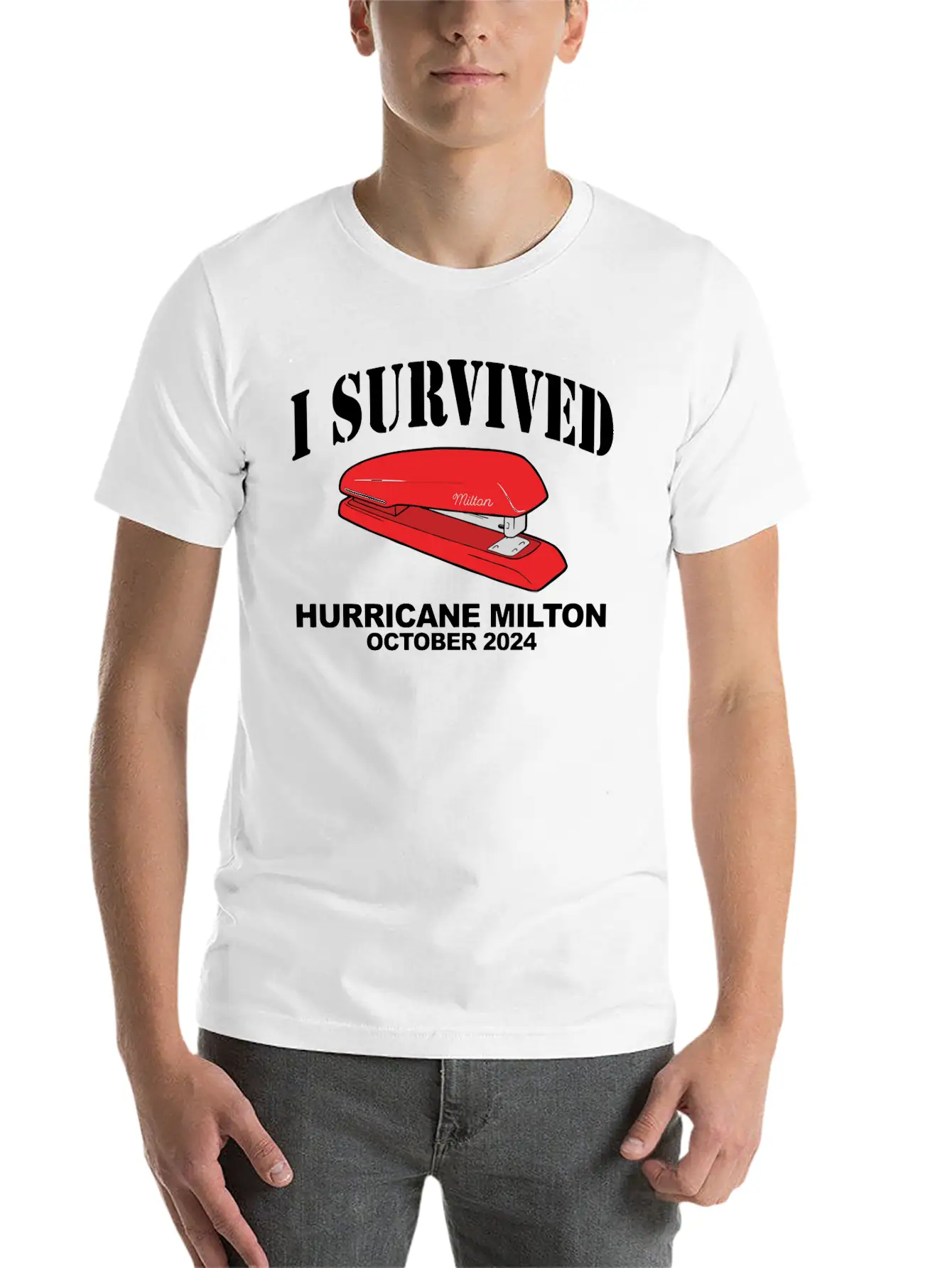 I Survived Hurricane Milton Stapler Basic Graphic T-Shirt – Daily Comfort In Soft Cotton
