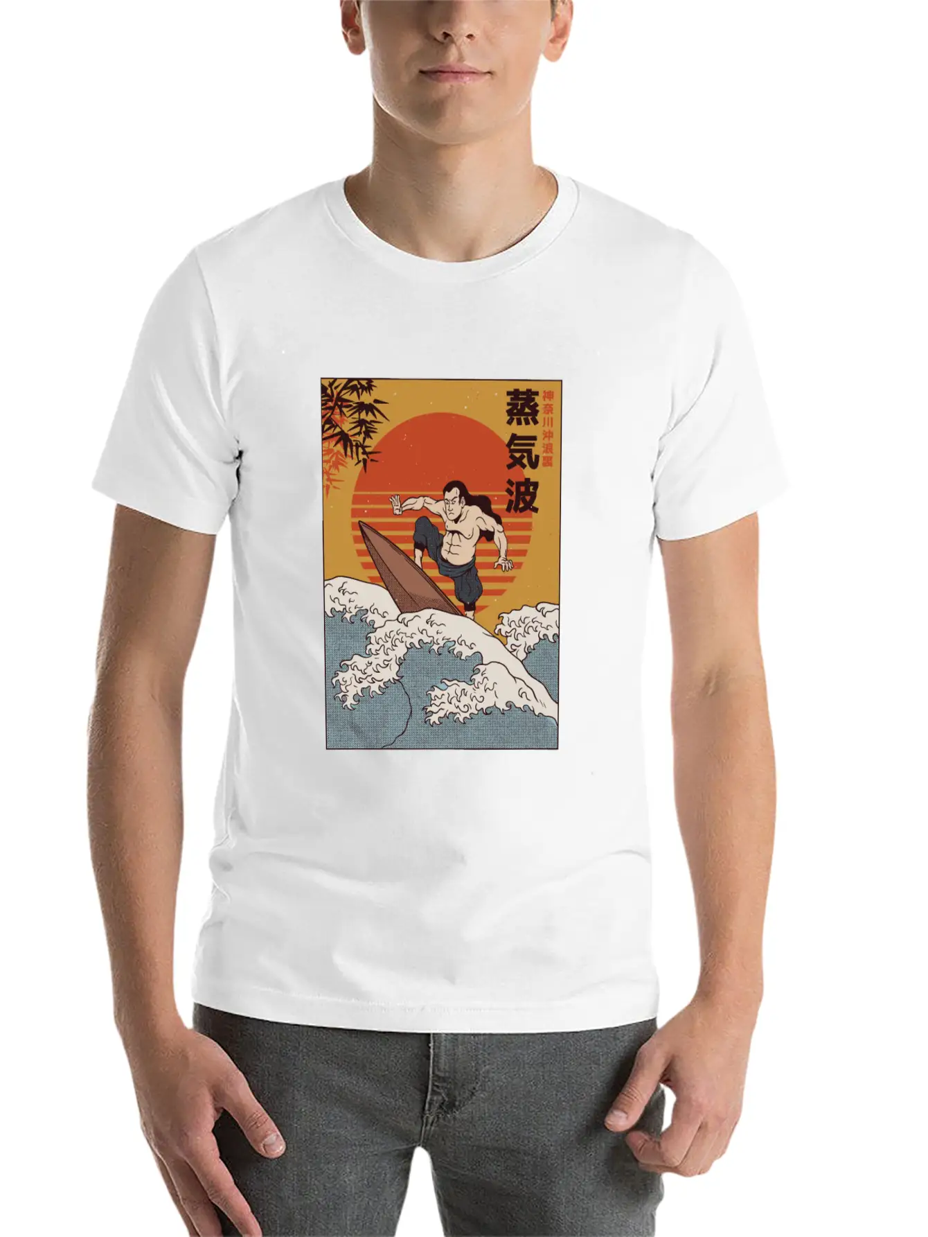 Japanese Samurai On A Surfboard Stylish Everyday T-Shirt – Unisex Basic Cotton Tee