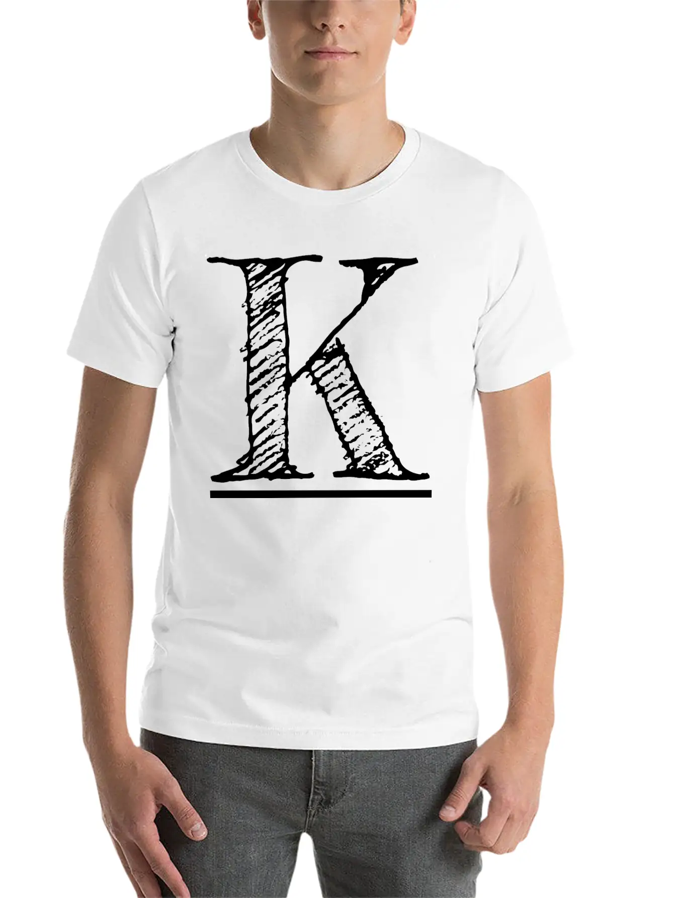 Letter K Oversized Hand-drawn Writing Initial Stylish Everyday T-Shirt – Unisex Basic Cotton Tee