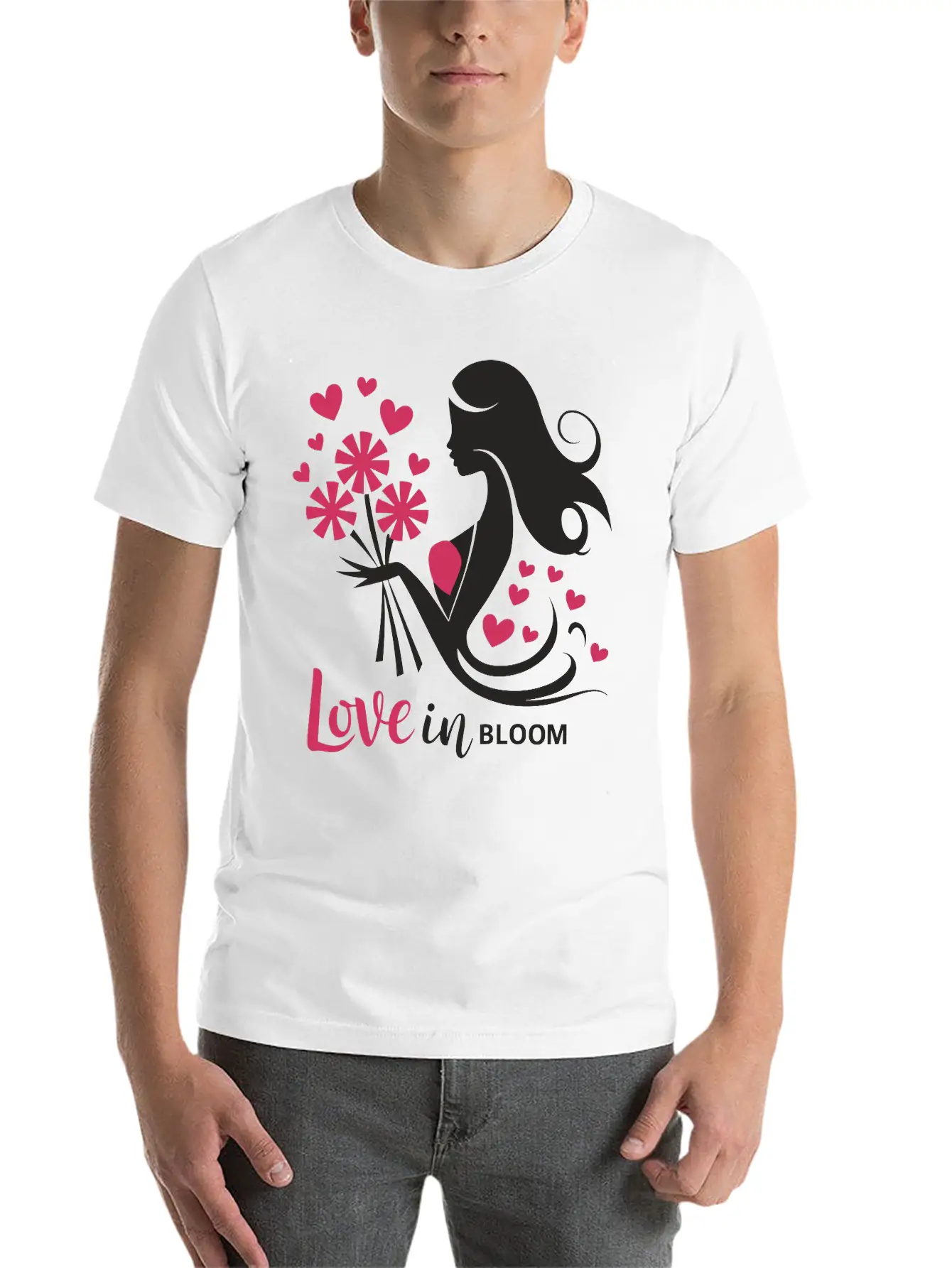 Love In Bloom Hearts Flowers Woman 2 Color Vector Stylish Everyday T-Shirt – Unisex Basic Cotton Tee