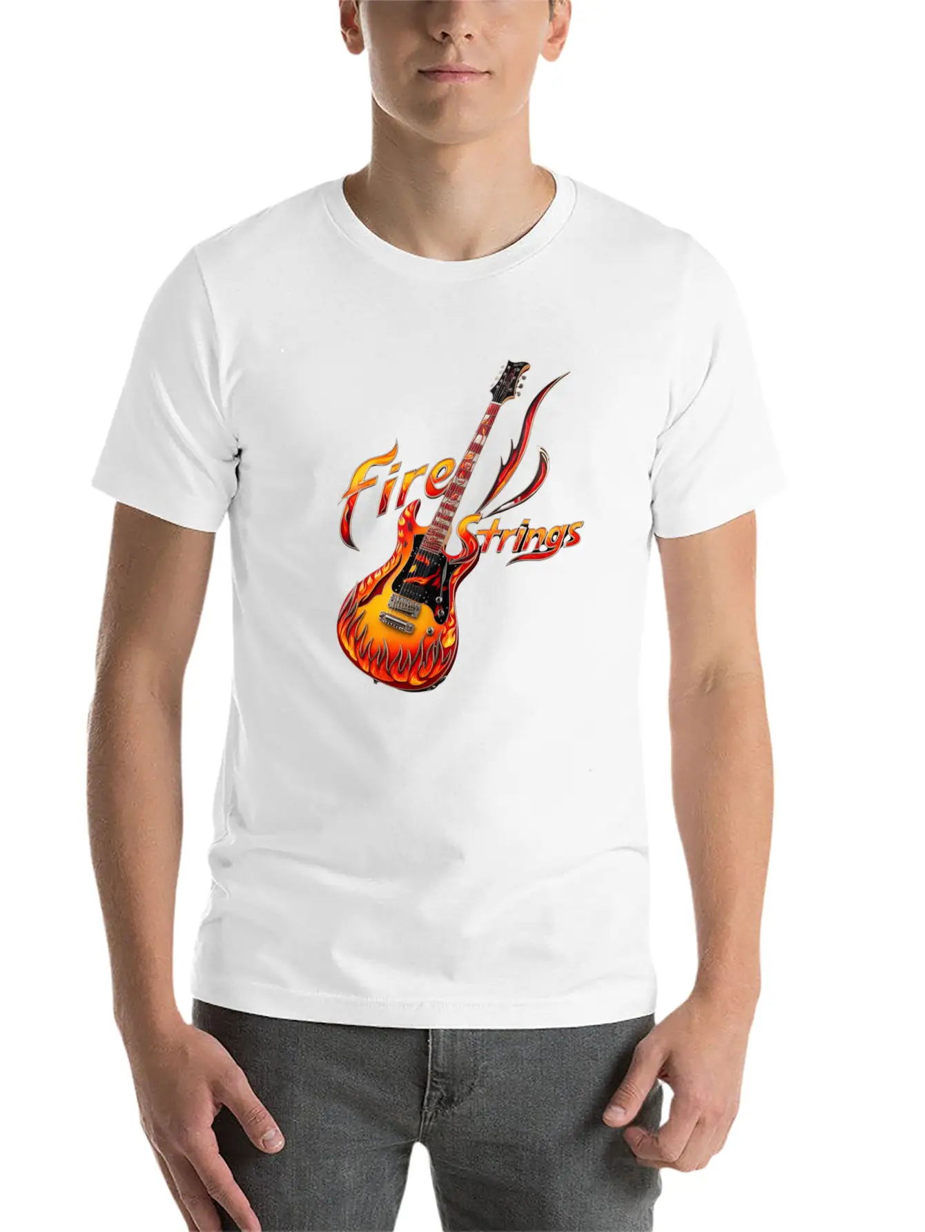 Ornately Decorated Guitar Fire Fire String Line Stylish Everyday T-Shirt – Unisex Basic Cotton Tee