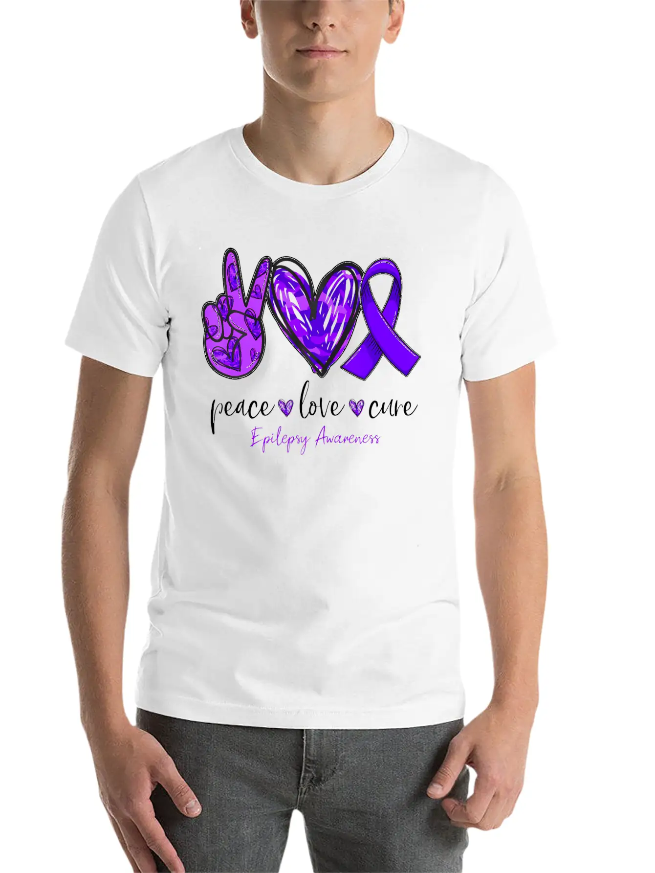 Peace Love Cure Purple Ribbon Epilepsy Awareness M Basic Graphic T-Shirt – Daily Comfort In Soft Cotton