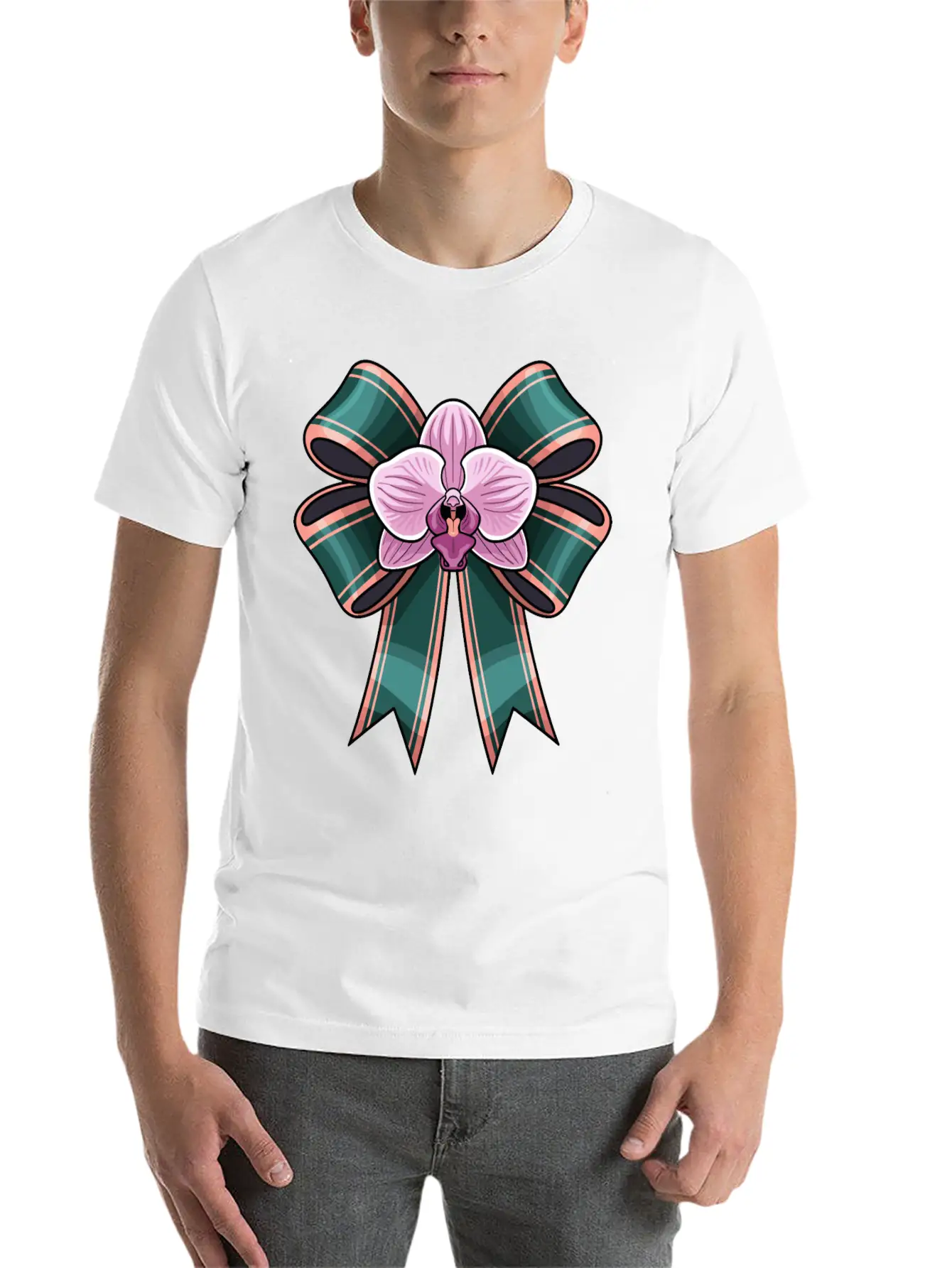Pink Phalaenopsis Phal Orchid On Bow Basic Graphic T-Shirt – Daily Comfort In Soft Cotton