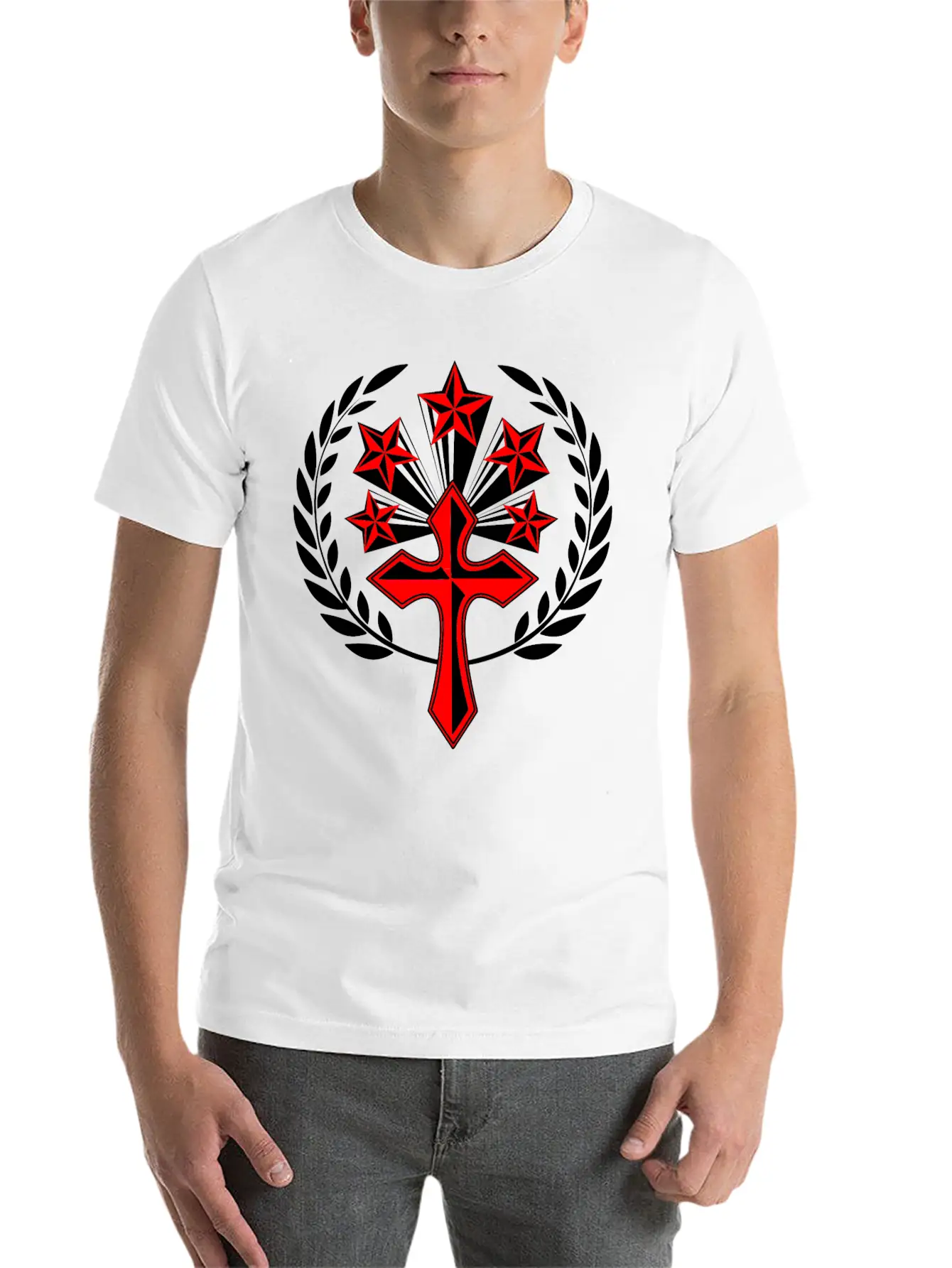 Red Cross With Five Stars In Laurel Wreath Unisex Cotton Tee – Relaxed Fit For Any Occasion