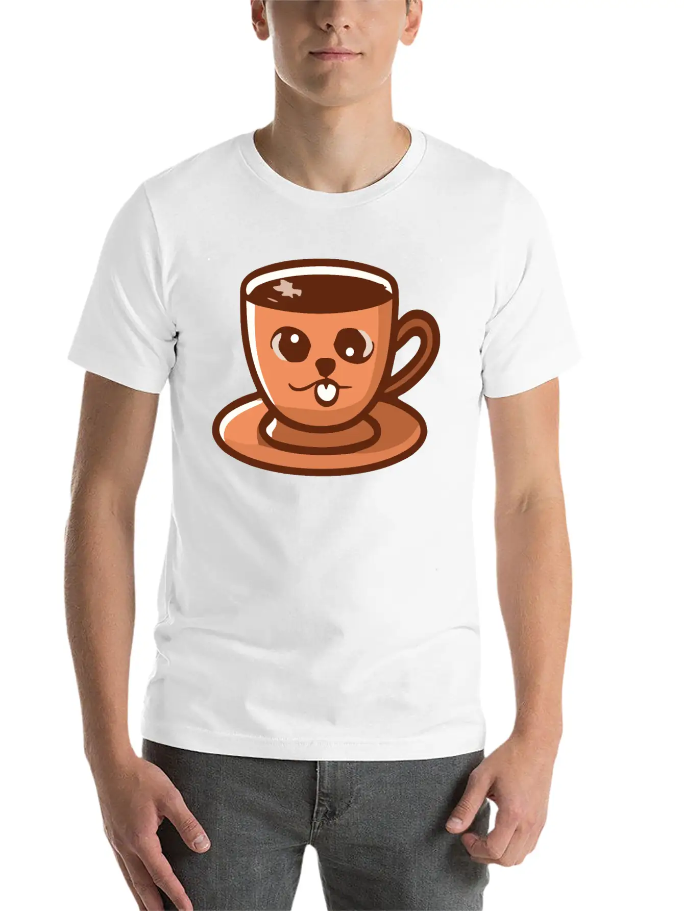 Silly Cat Face Coffee Cup Doodle Stylish Everyday T-Shirt – Unisex Basic Cotton Tee