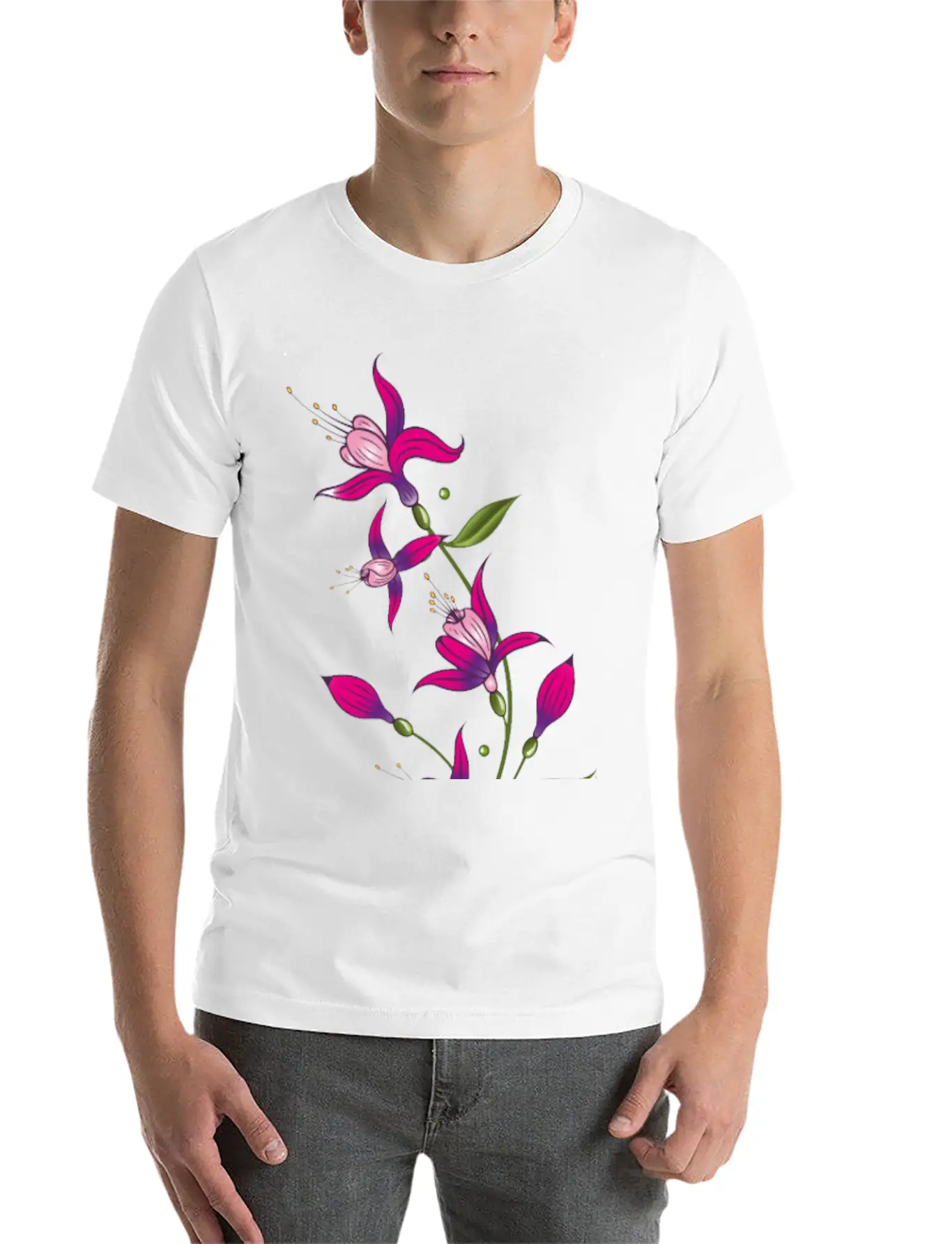 Summer Flowers, Fuchsias. Purple, Pink. Basic Graphic T-Shirt – Daily Comfort In Soft Cotton