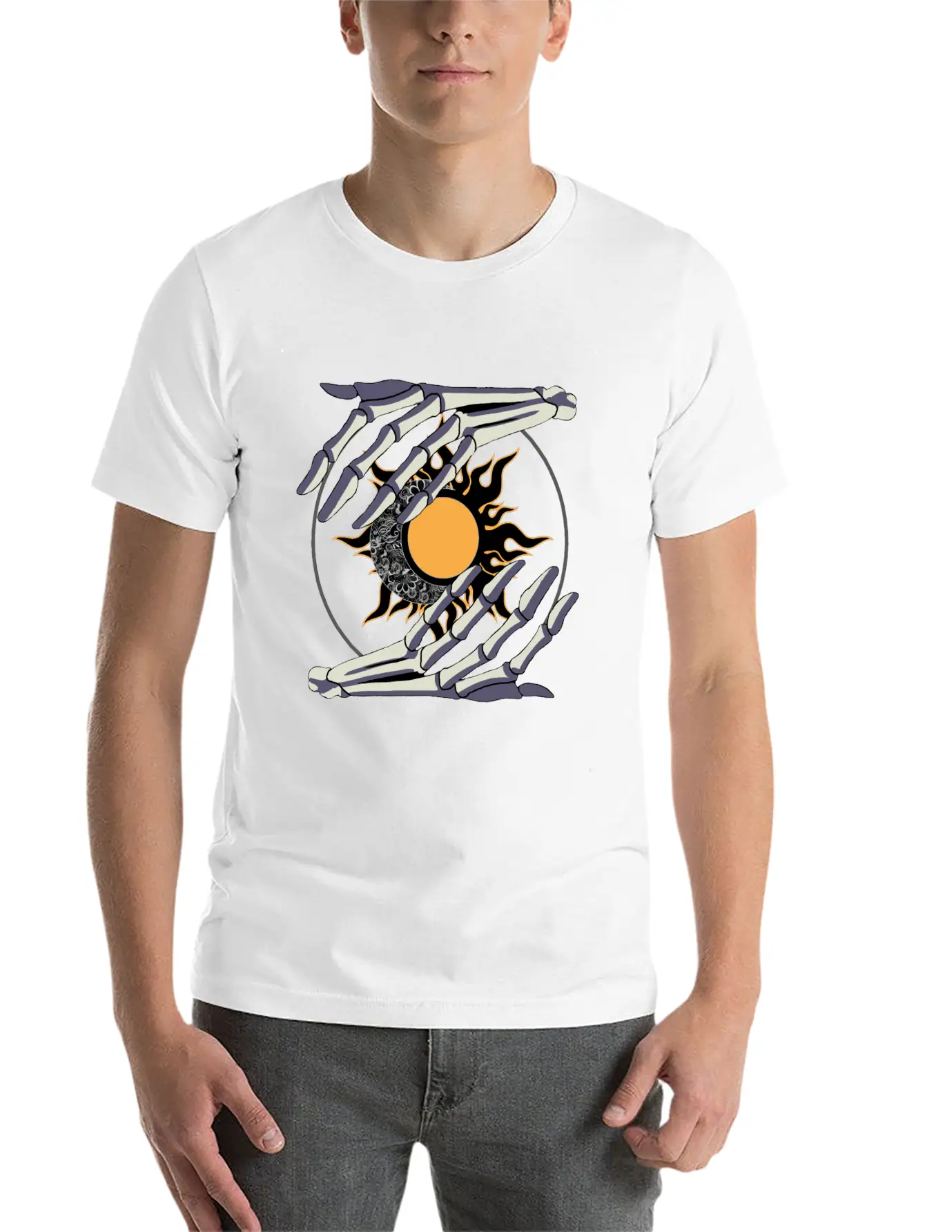 Sun And Moon In Skeleton Hands #2 Stylish Everyday T-Shirt – Unisex Basic Cotton Tee