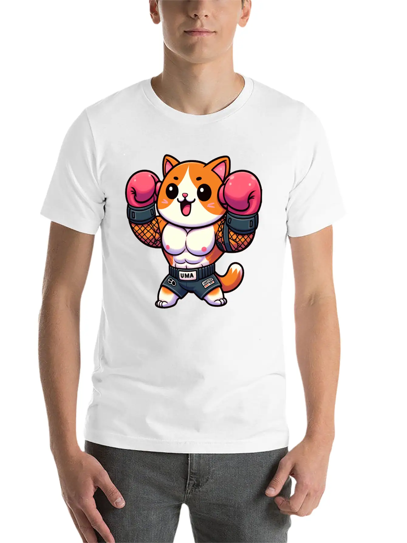 Victory Pose Ginger Boxing Cat Basic Graphic T-Shirt – Daily Comfort In Soft Cotton