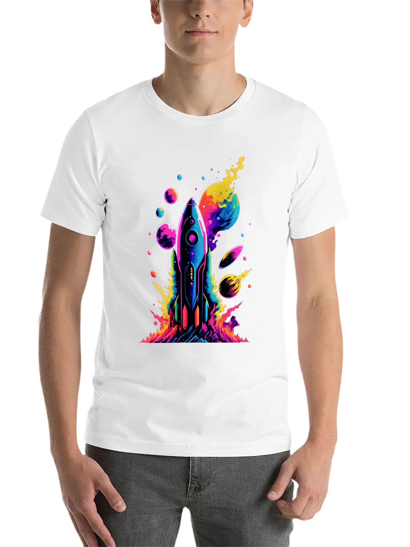 Watercolor Neon Rocket Stylish Everyday T-Shirt – Unisex Basic Cotton Tee