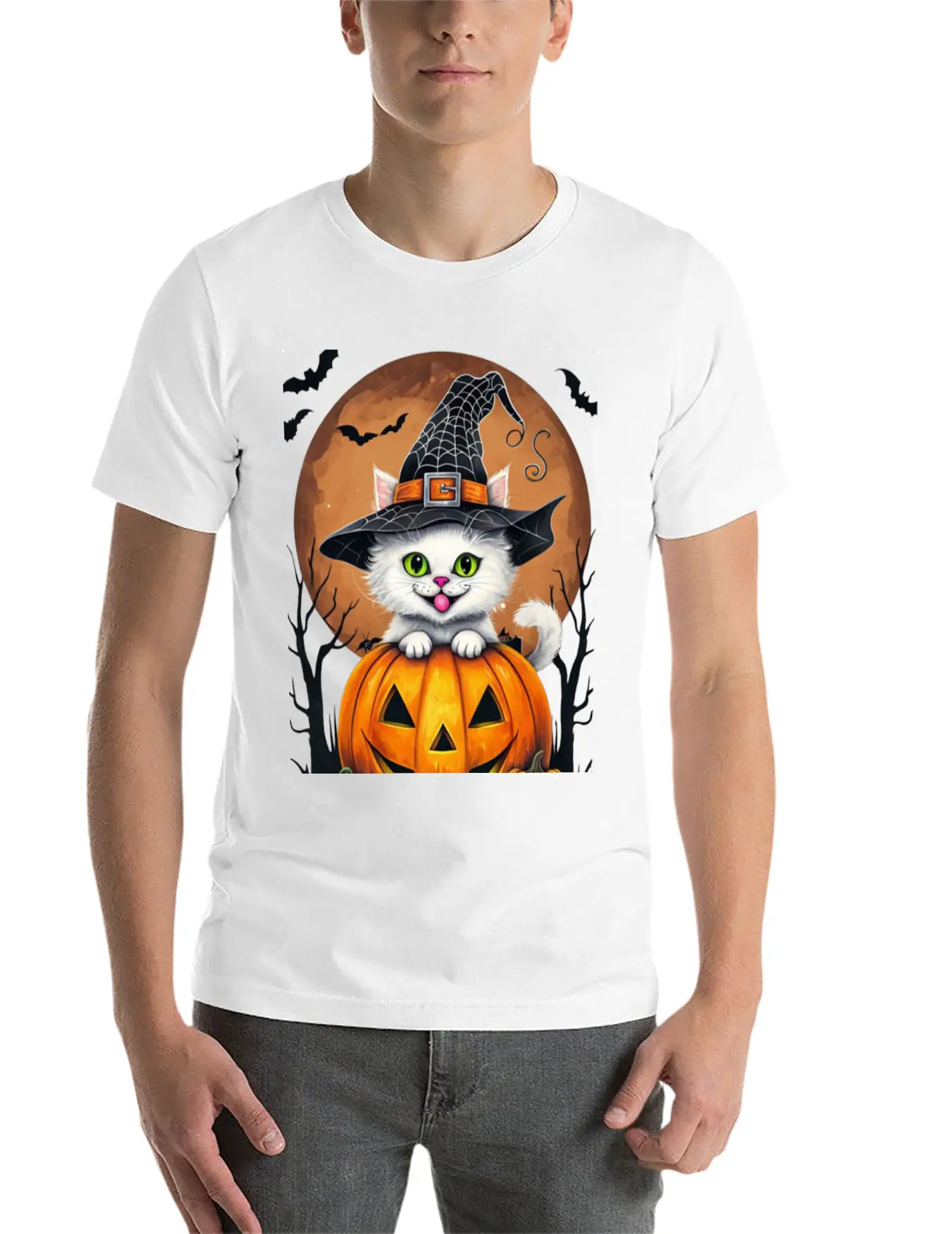 Whimsical Halloween Cat On Pumpkin Art Relaxed Everyday Tee – Lightweight And Durable Cotton