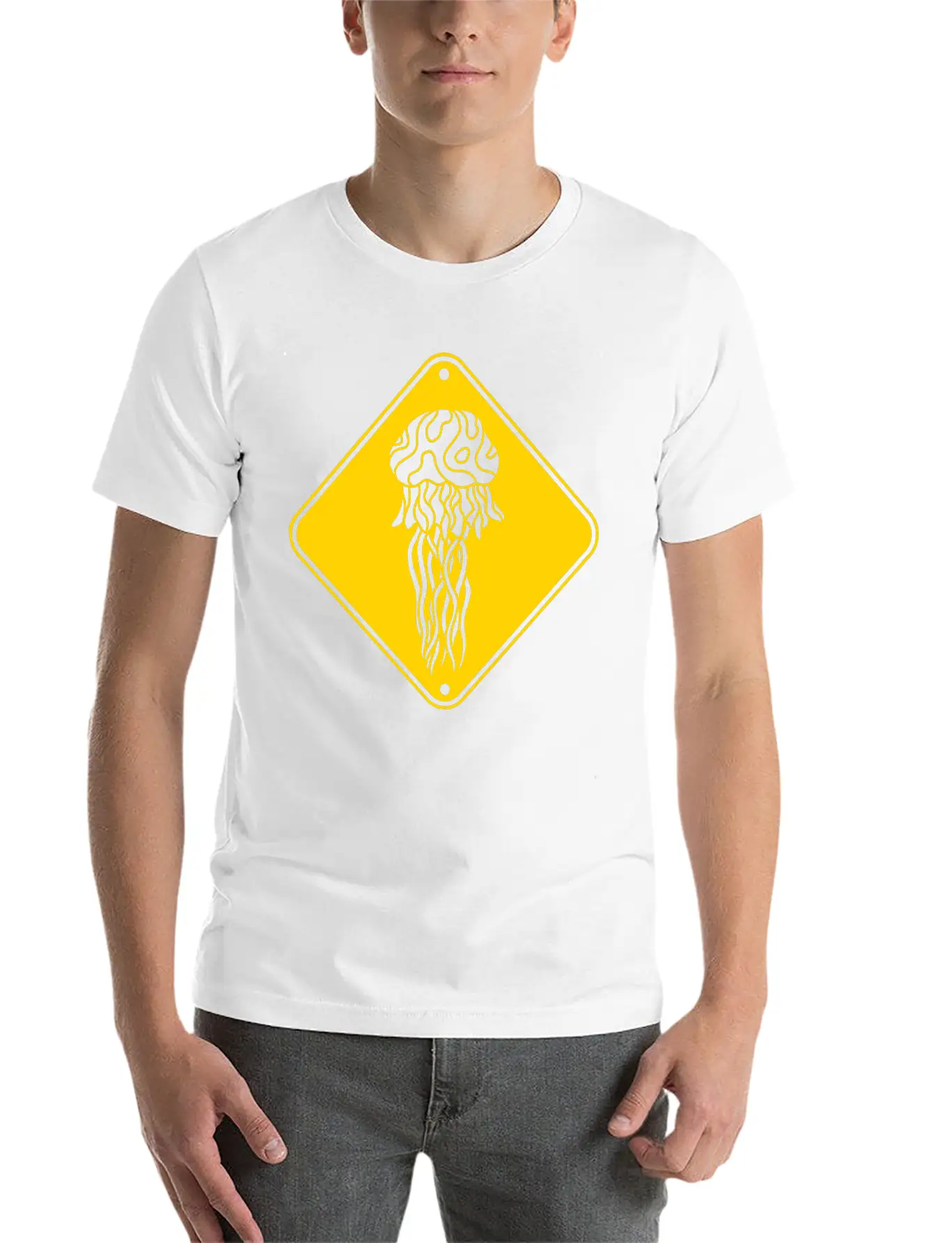 Yellow Caution Danger Caution Sign Shield Jellyfis Stylish Everyday T-Shirt – Unisex Basic Cotton Tee