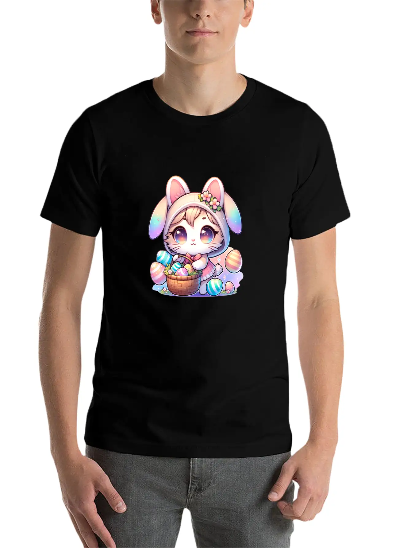 A Kitty With A Bunny Outfit Delivering Easter Eggs Stylish Everyday T-Shirt – Unisex Basic Cotton Tee
