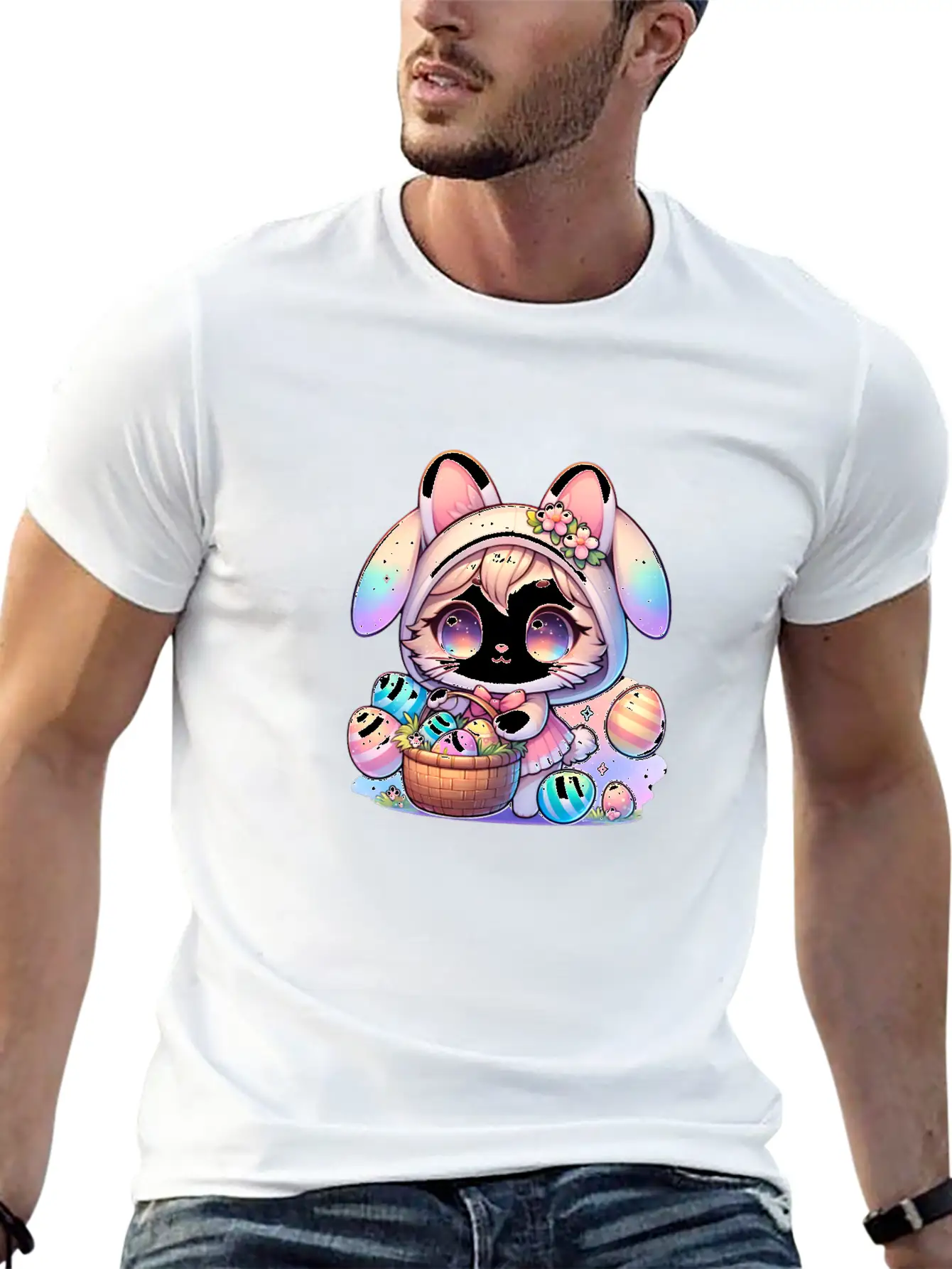A Kitty With A Bunny Outfit Delivering Easter Eggs Stylish Everyday T-Shirt – Unisex Basic Cotton Tee