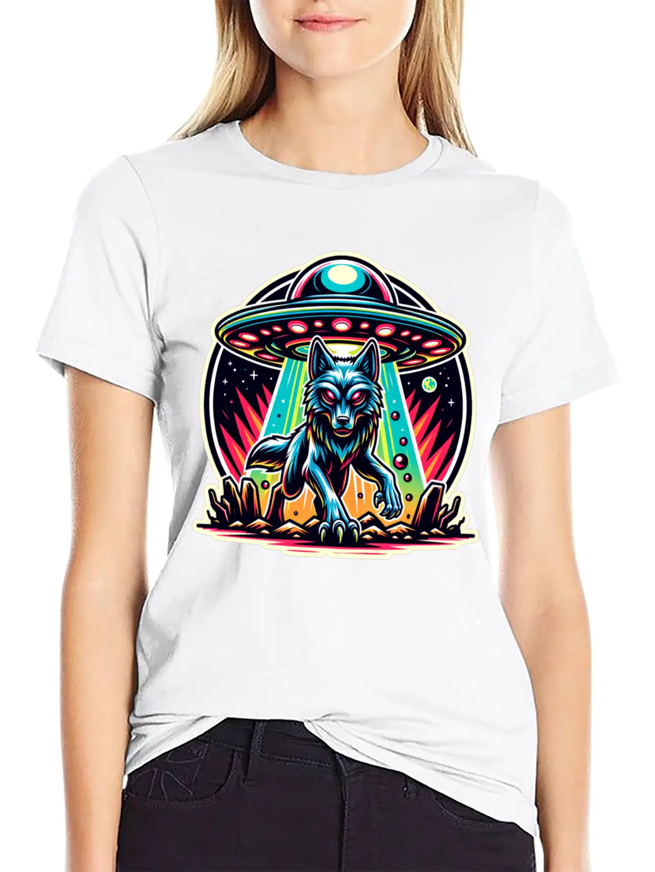 Alien Wolf Landing Stylish Everyday T-Shirt – Unisex Basic Cotton Tee