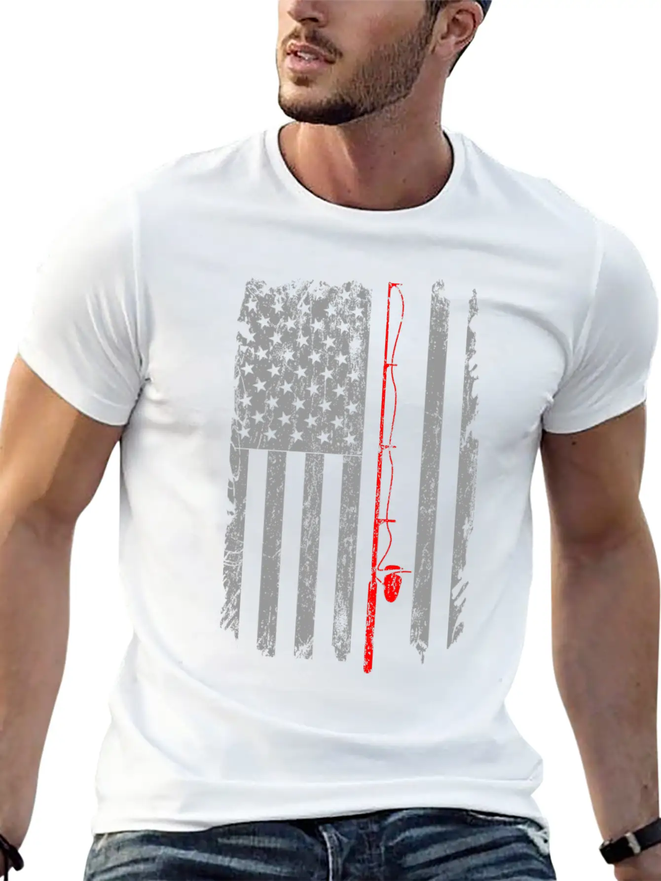 American US Flag Fishing Rod Fishing Angler Simple Everyday Graphic Tee – Lightweight Summer Wear
