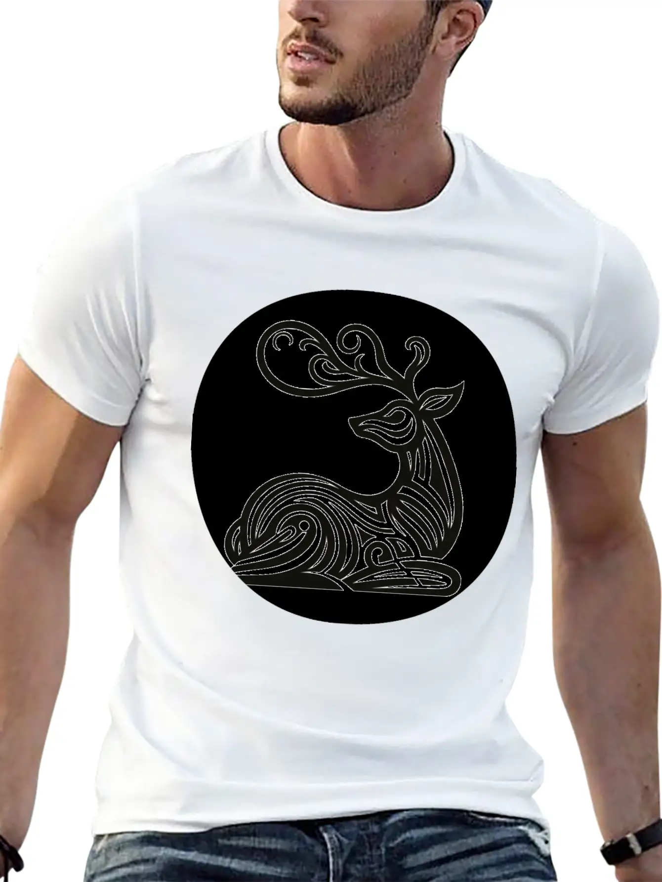 Art Deco Style Reindeer Unisex Casual T-Shirt – Clean Design For Daily Comfort