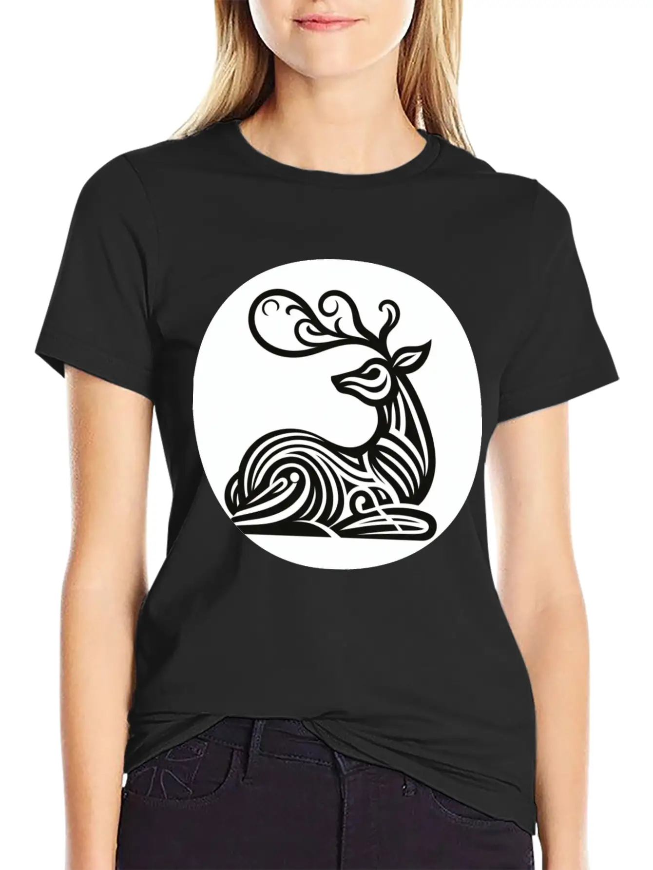 Art Deco Style Reindeer Unisex Casual T-Shirt – Clean Design For Daily Comfort
