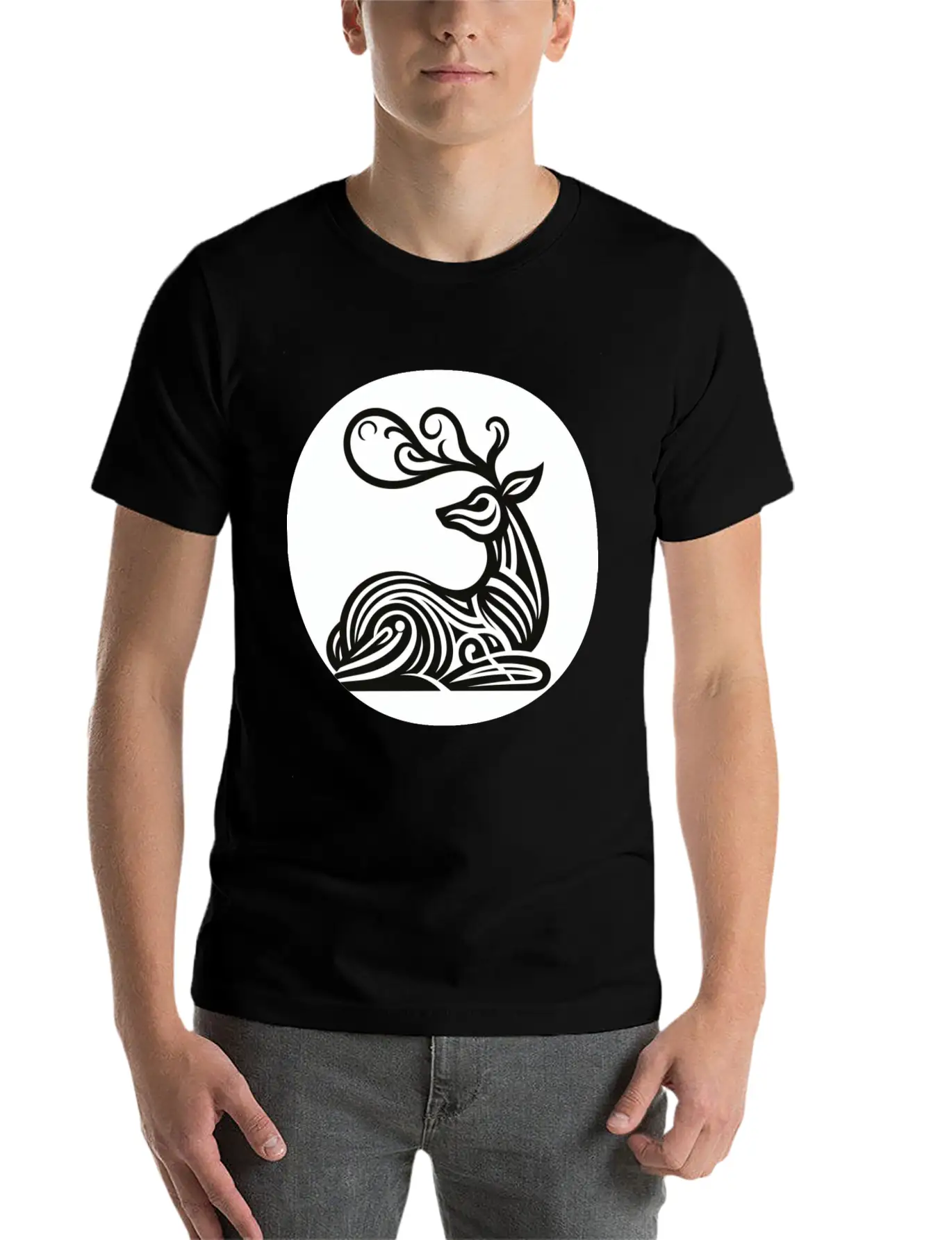 Art Deco Style Reindeer Unisex Casual T-Shirt – Clean Design For Daily Comfort