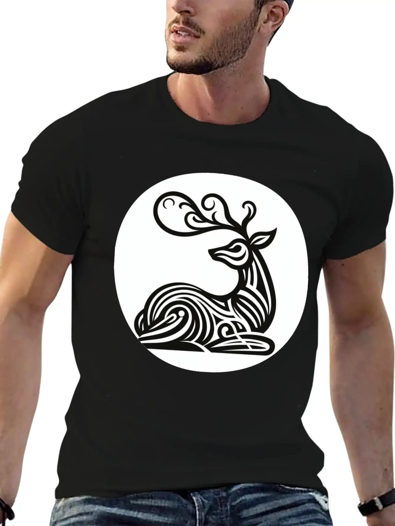 Art Deco Style Reindeer Unisex Casual T-Shirt – Clean Design For Daily Comfort