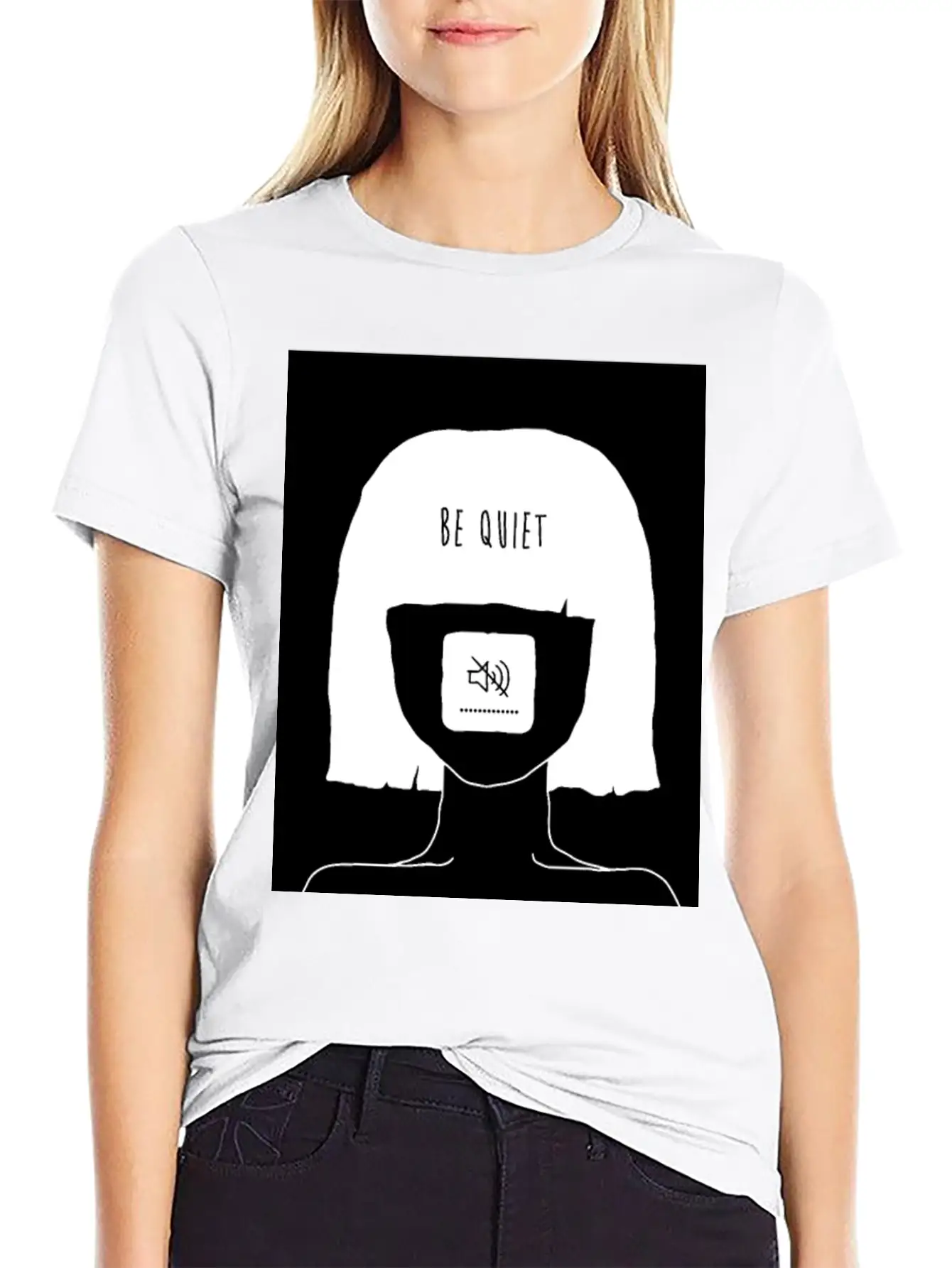 Be Quiet - Muted Mind Poster (black) Simple Everyday Graphic Tee – Lightweight Summer Wear