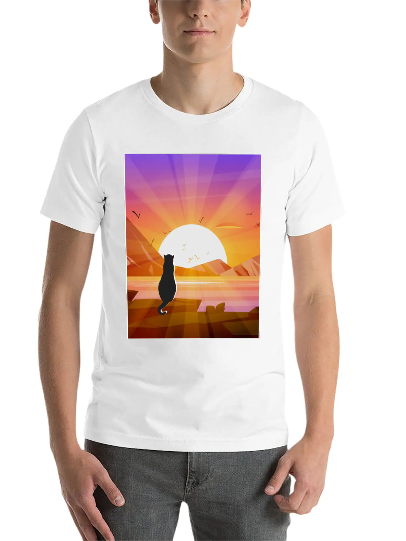 Black Cat Watching Sunset / Cute Cat Sunset Stylish Everyday T-Shirt – Unisex Basic Cotton Tee