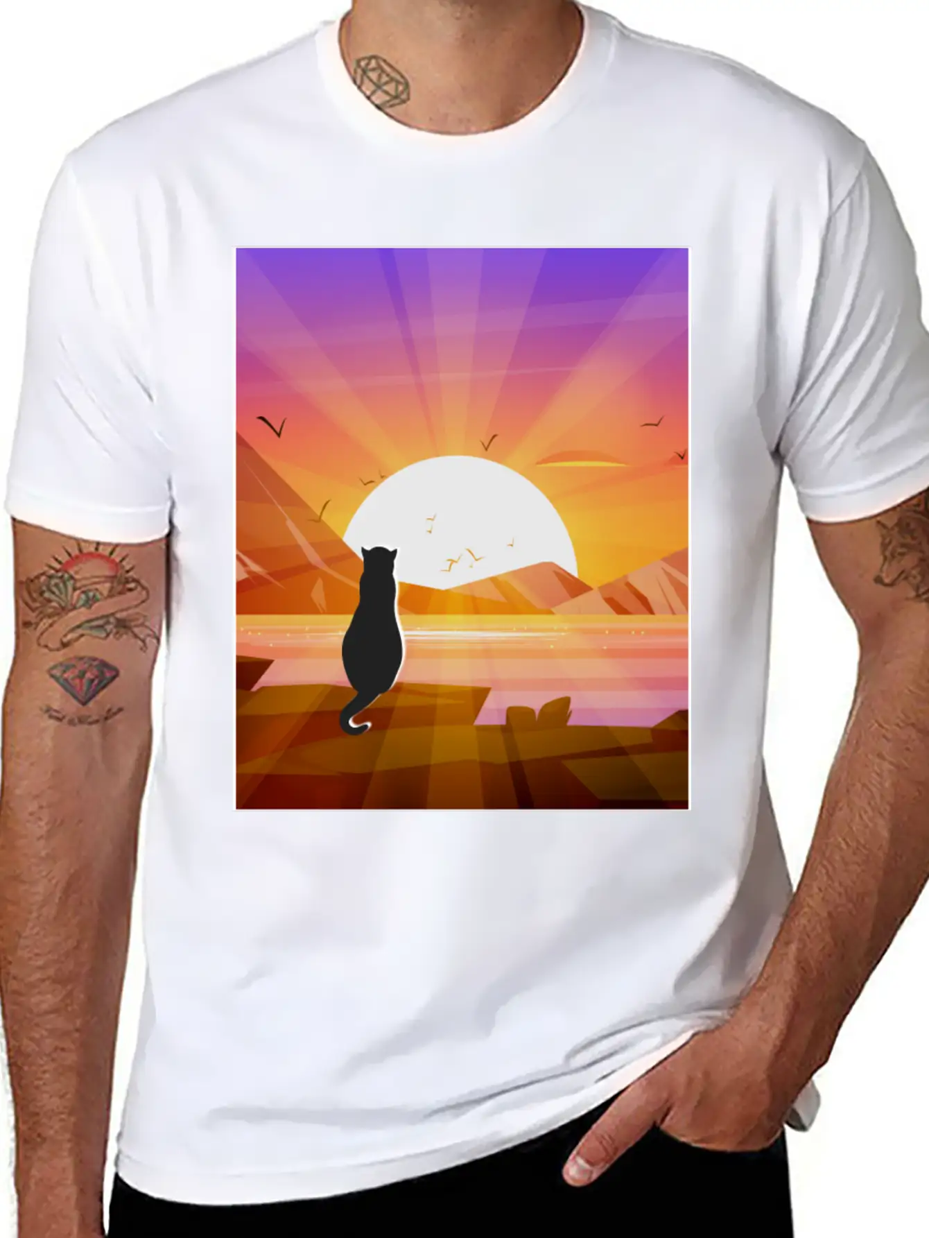 Black Cat Watching Sunset / Cute Cat Sunset Stylish Everyday T-Shirt – Unisex Basic Cotton Tee