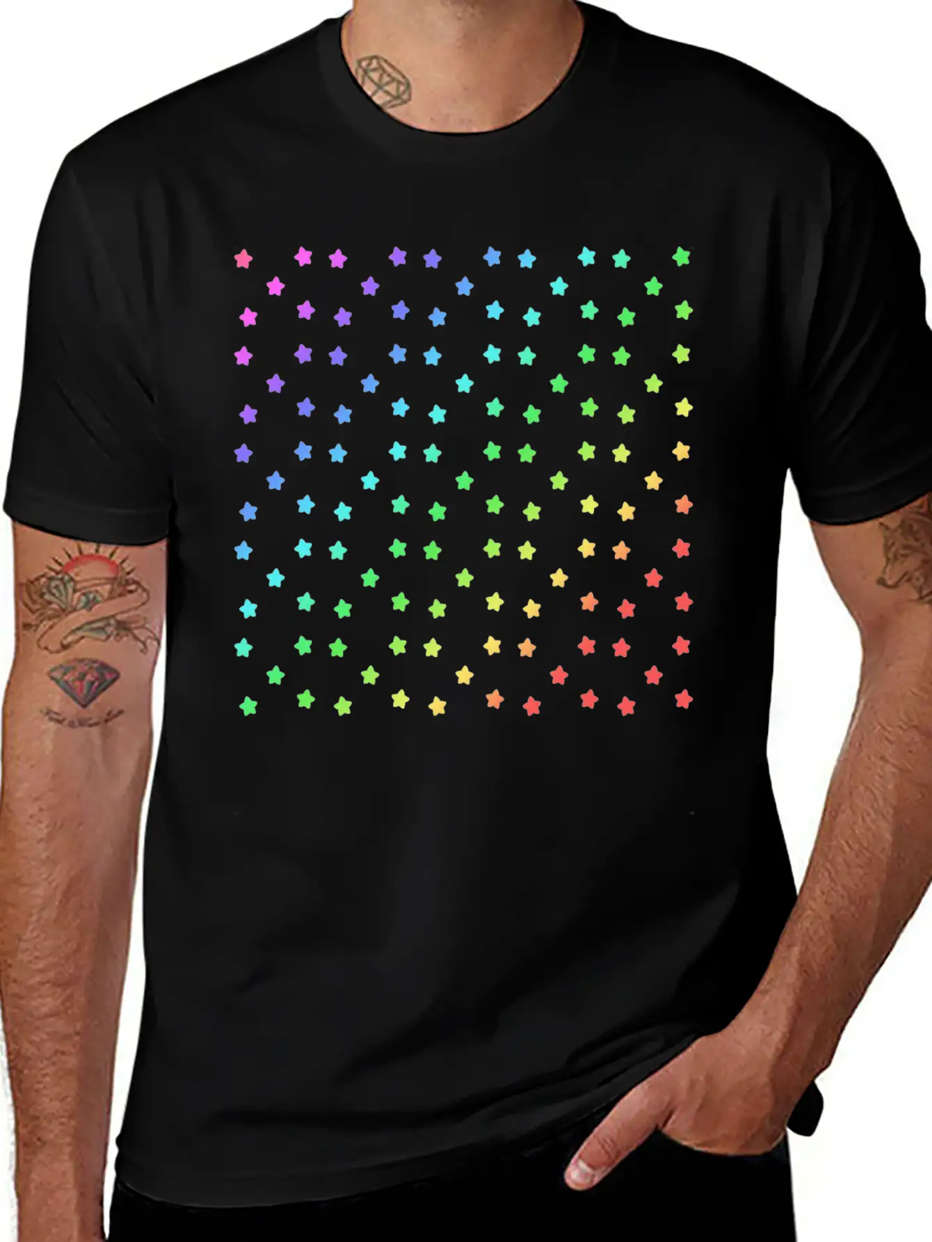 Black Rainbow Stars Pattern Green Stylish Everyday T-Shirt – Unisex Basic Cotton Tee