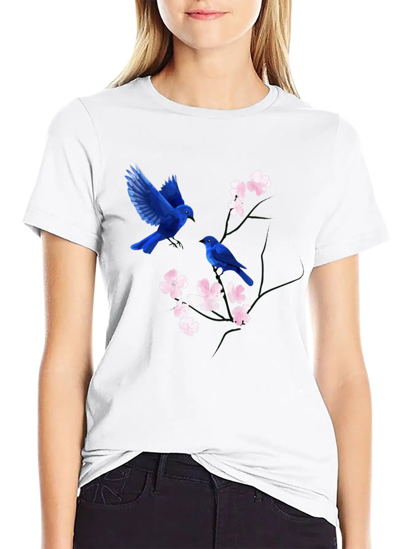 Blue Bird Cherry Blossom Basic Graphic T-Shirt – Daily Comfort In Soft Cotton