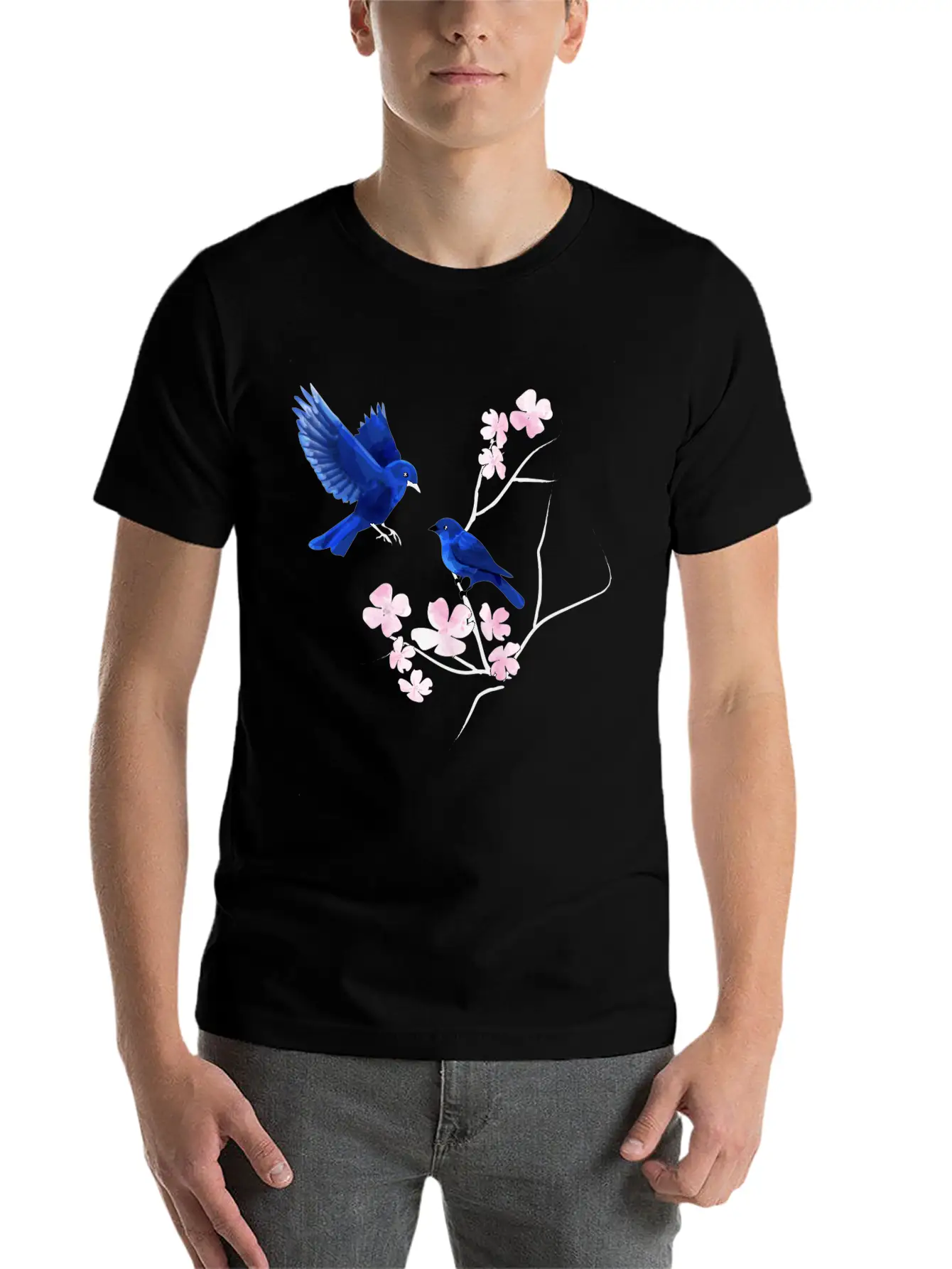 Blue Bird Cherry Blossom Basic Graphic T-Shirt – Daily Comfort In Soft Cotton