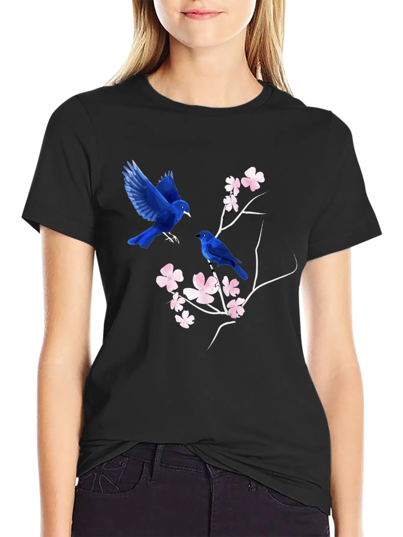 Blue Bird Cherry Blossom Basic Graphic T-Shirt – Daily Comfort In Soft Cotton