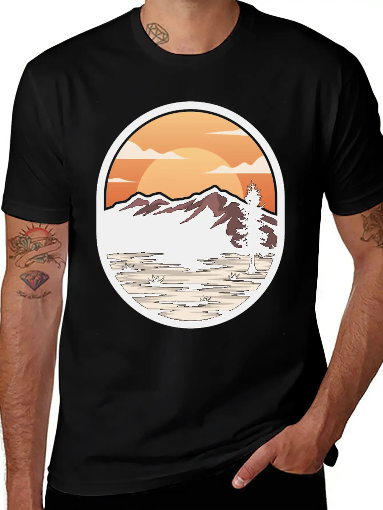 Brown Cream Modern Sunset On The Mountain Stylish Everyday T-Shirt – Unisex Basic Cotton Tee