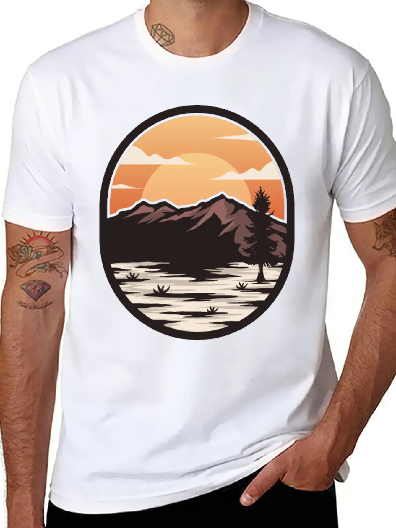 Brown Cream Modern Sunset On The Mountain Stylish Everyday T-Shirt – Unisex Basic Cotton Tee