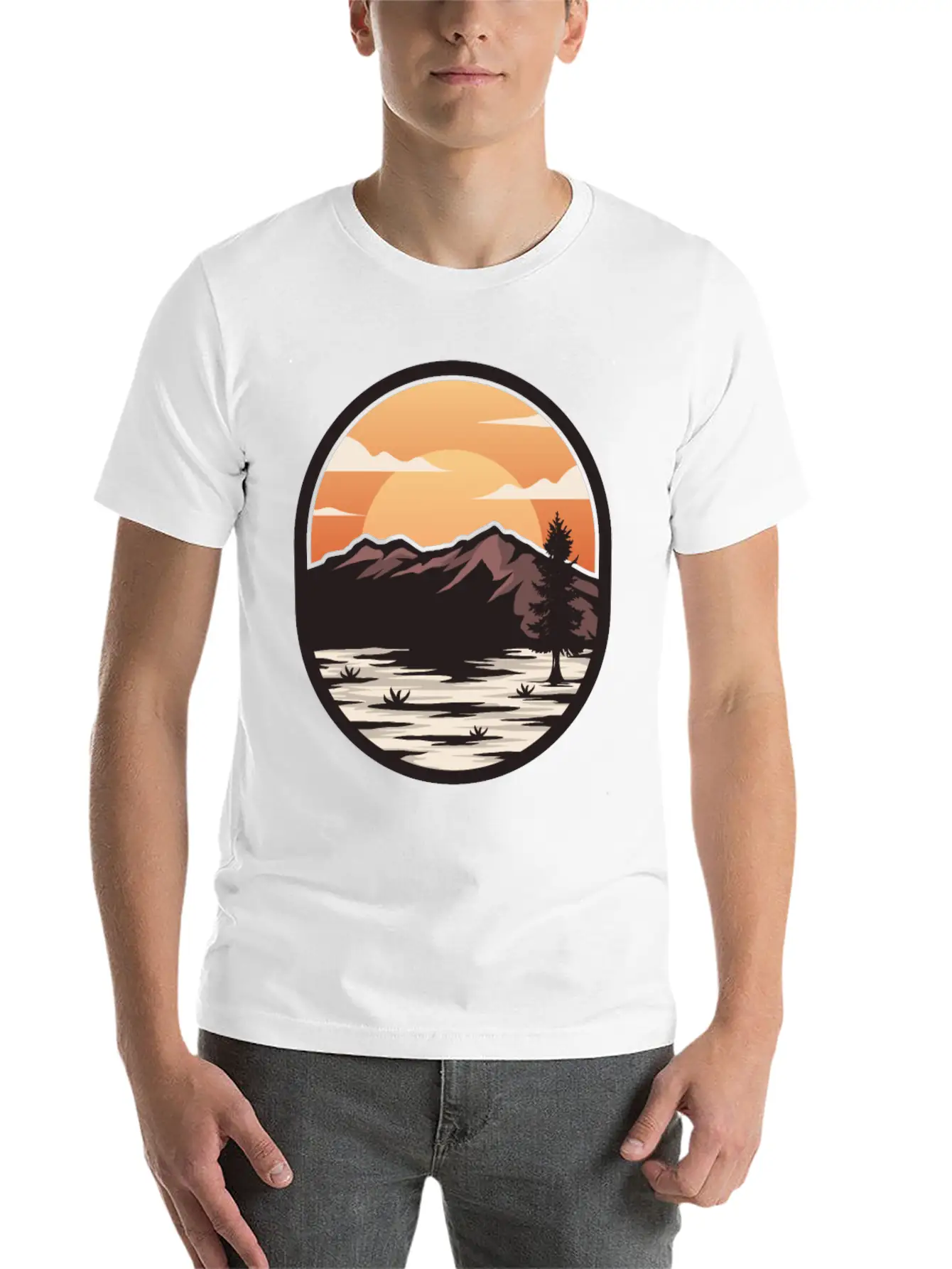 Brown Cream Modern Sunset On The Mountain Stylish Everyday T-Shirt – Unisex Basic Cotton Tee