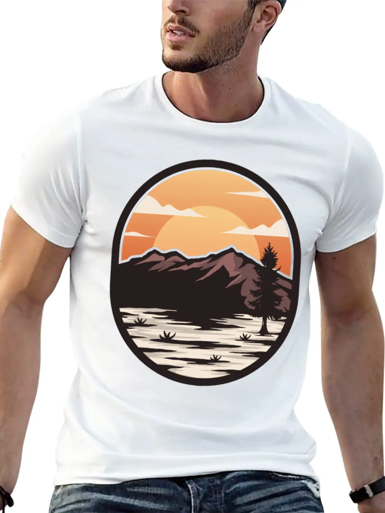Brown Cream Modern Sunset On The Mountain Stylish Everyday T-Shirt – Unisex Basic Cotton Tee