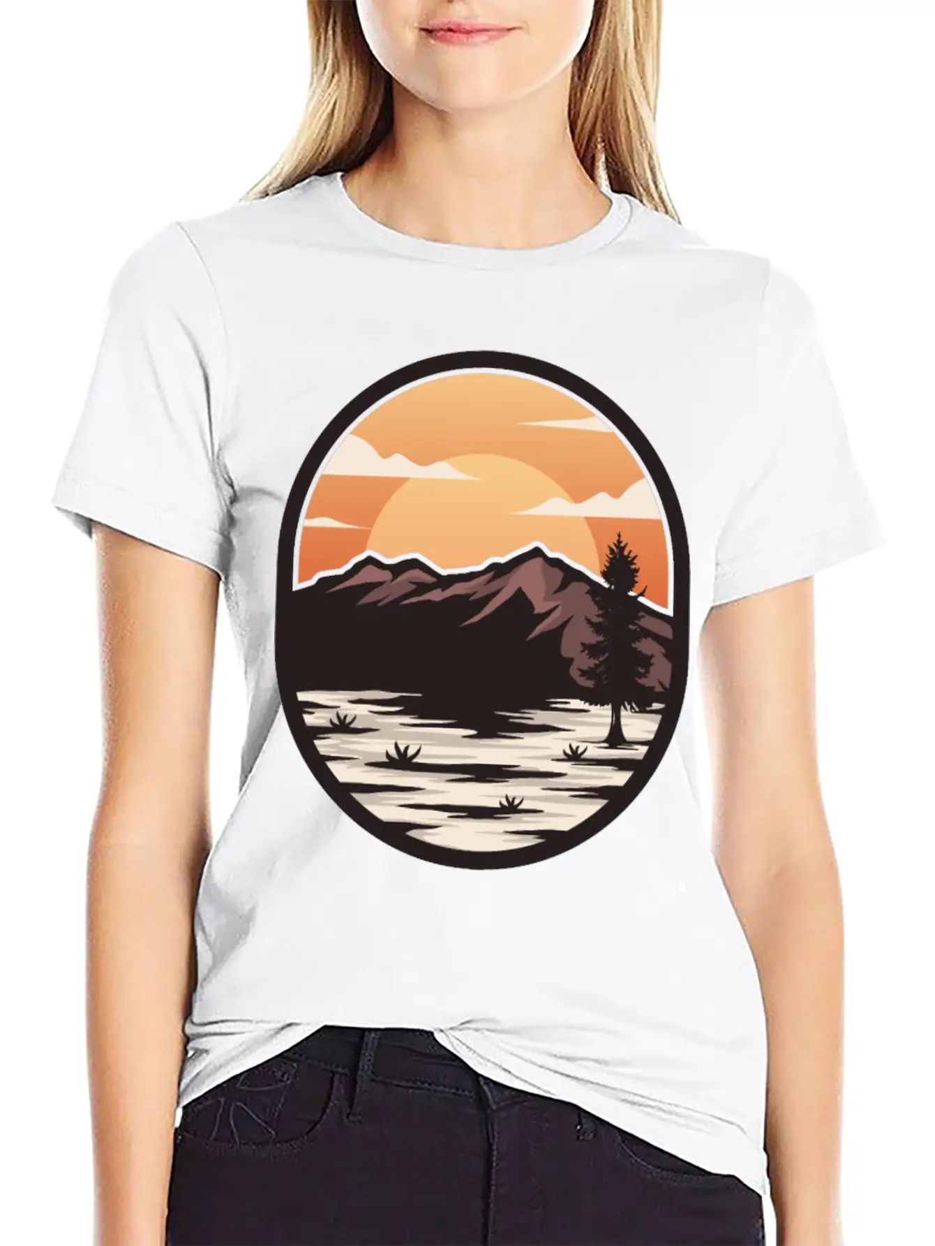 Brown Cream Modern Sunset On The Mountain Stylish Everyday T-Shirt – Unisex Basic Cotton Tee