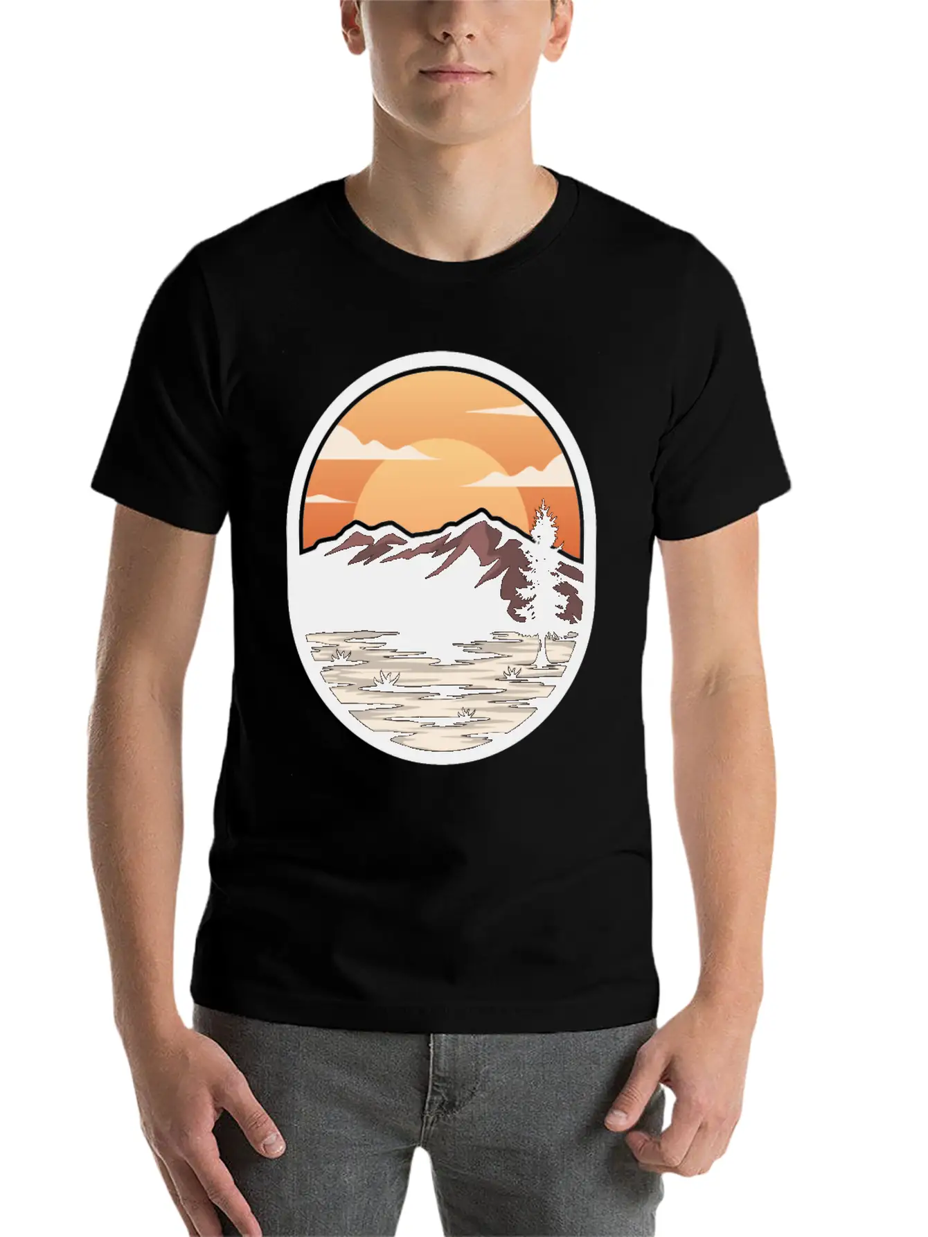 Brown Cream Modern Sunset On The Mountain Stylish Everyday T-Shirt – Unisex Basic Cotton Tee