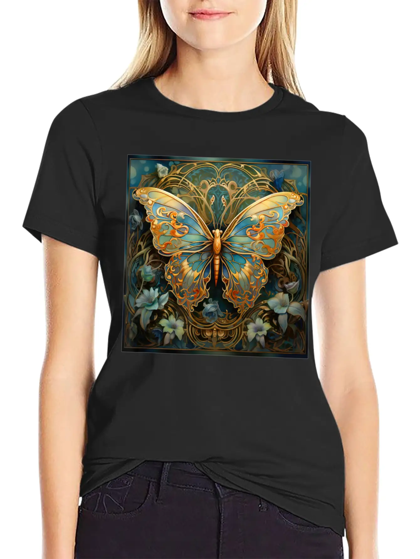 Butterfly Art Nouveau Abstract Stylish Everyday T-Shirt – Unisex Basic Cotton Tee