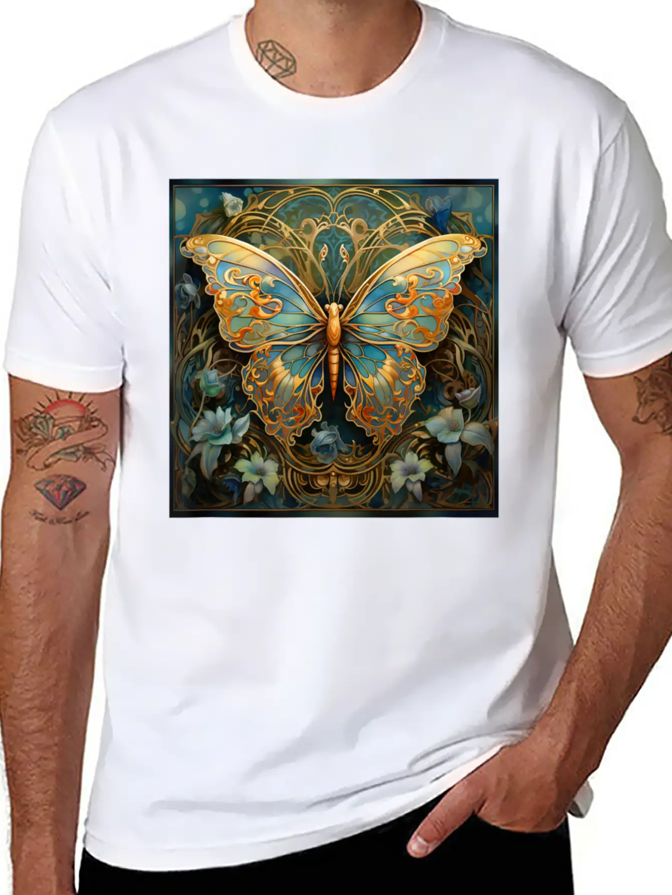 Butterfly Art Nouveau Abstract Stylish Everyday T-Shirt – Unisex Basic Cotton Tee