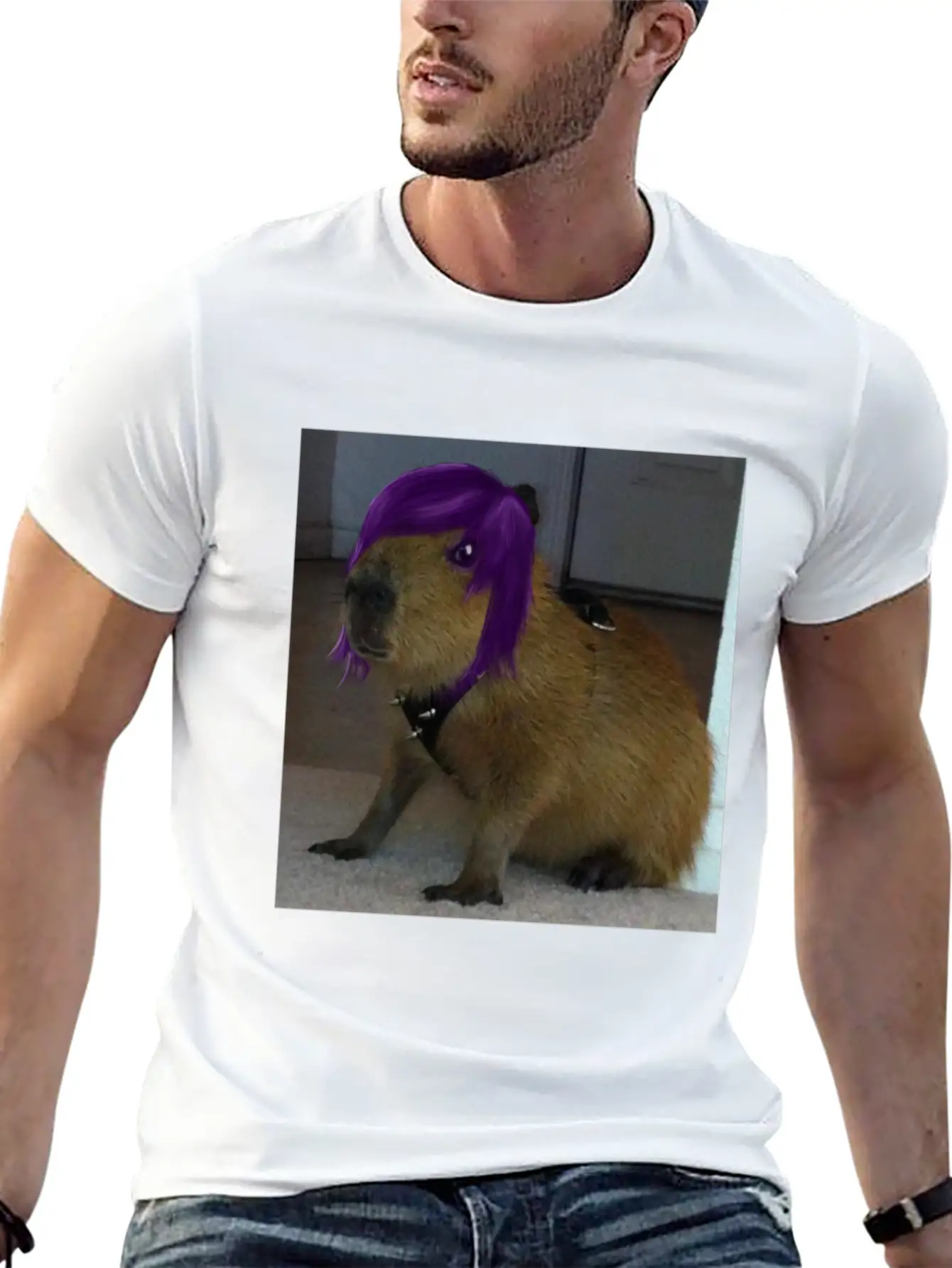 Capybara Funny Gothic Punk Capybara Purple Hair Stylish Everyday T-Shirt – Unisex Basic Cotton Tee