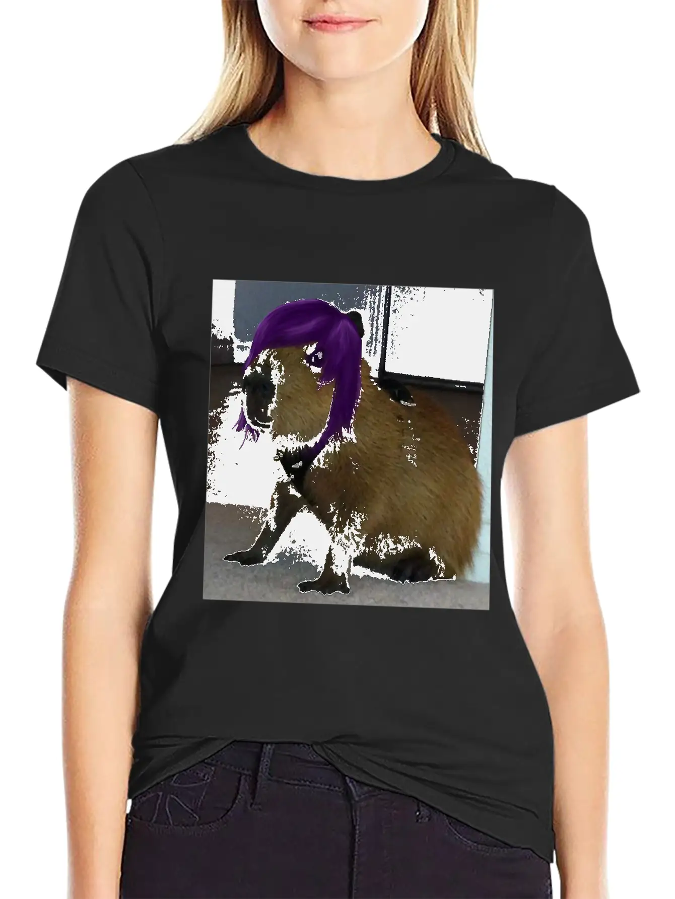 Capybara Funny Gothic Punk Capybara Purple Hair Stylish Everyday T-Shirt – Unisex Basic Cotton Tee
