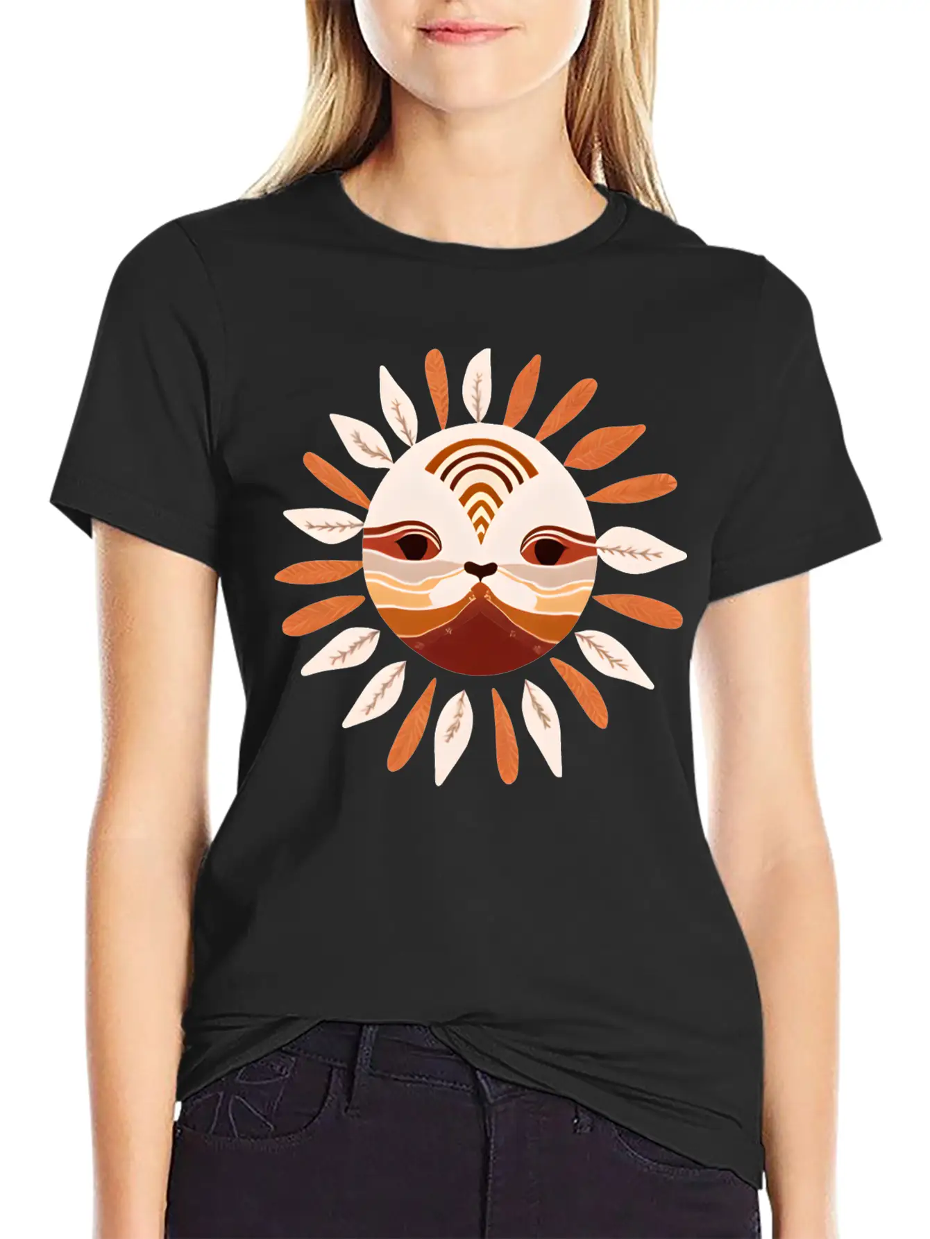 Cat Face Tribal Symbolic Sun Design Basic Graphic T-Shirt – Daily Comfort In Soft Cotton