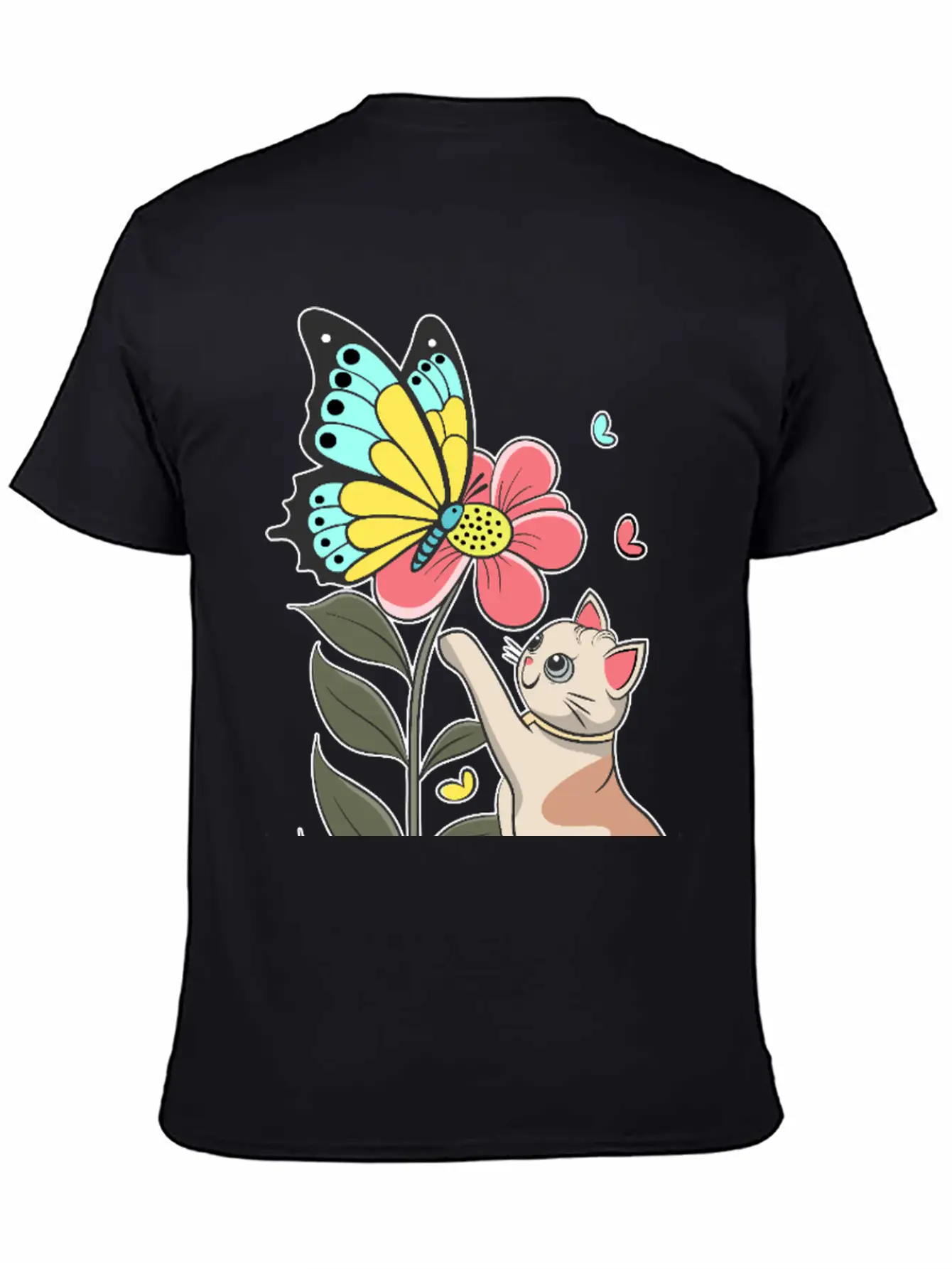 Cat, Flower And Butterfly Stylish Everyday T-Shirt – Unisex Basic Cotton Tee